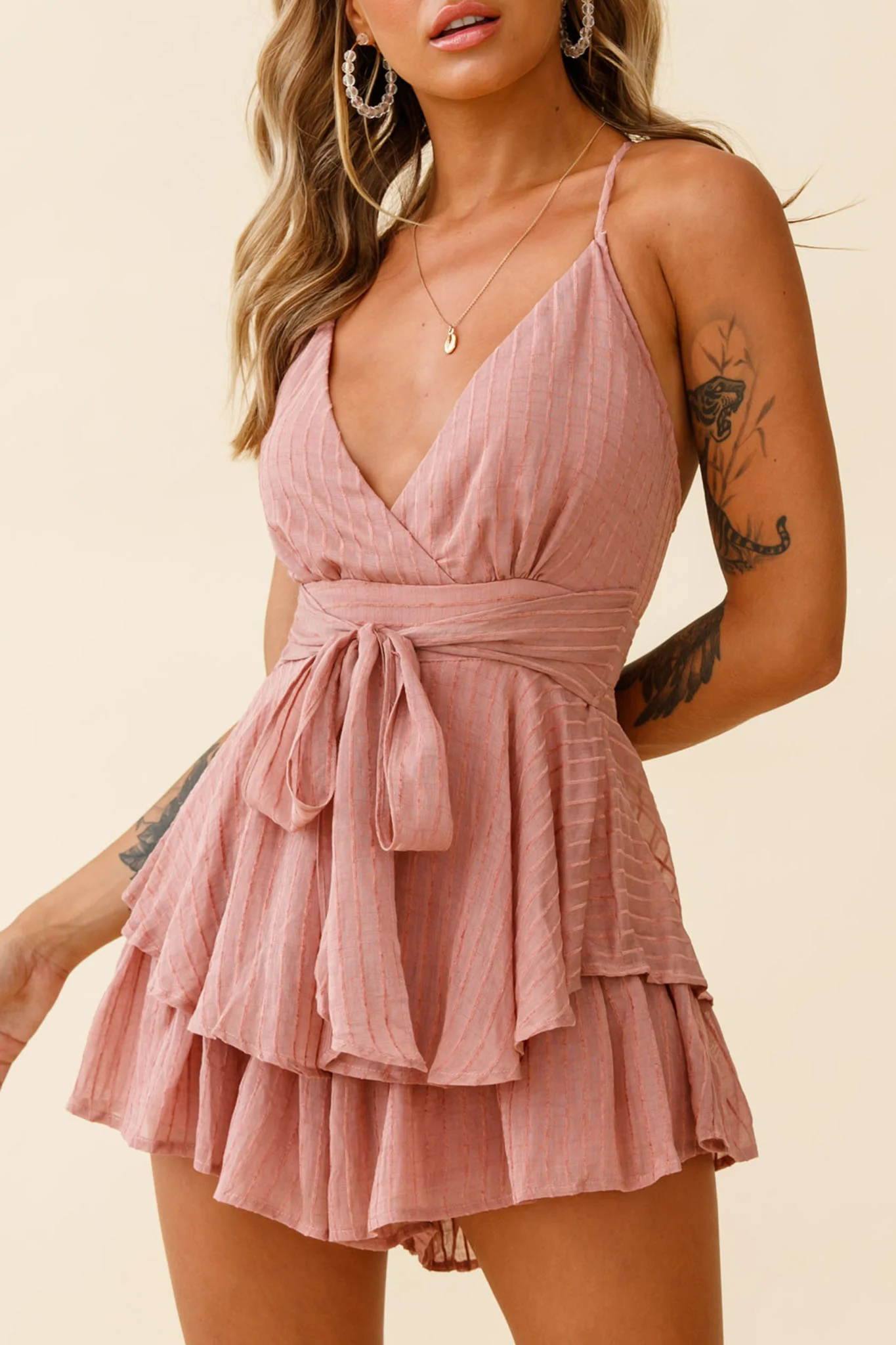 Maddox Fit & Flare Cami Strap Romper Textured Stripe Rose - Sonourner