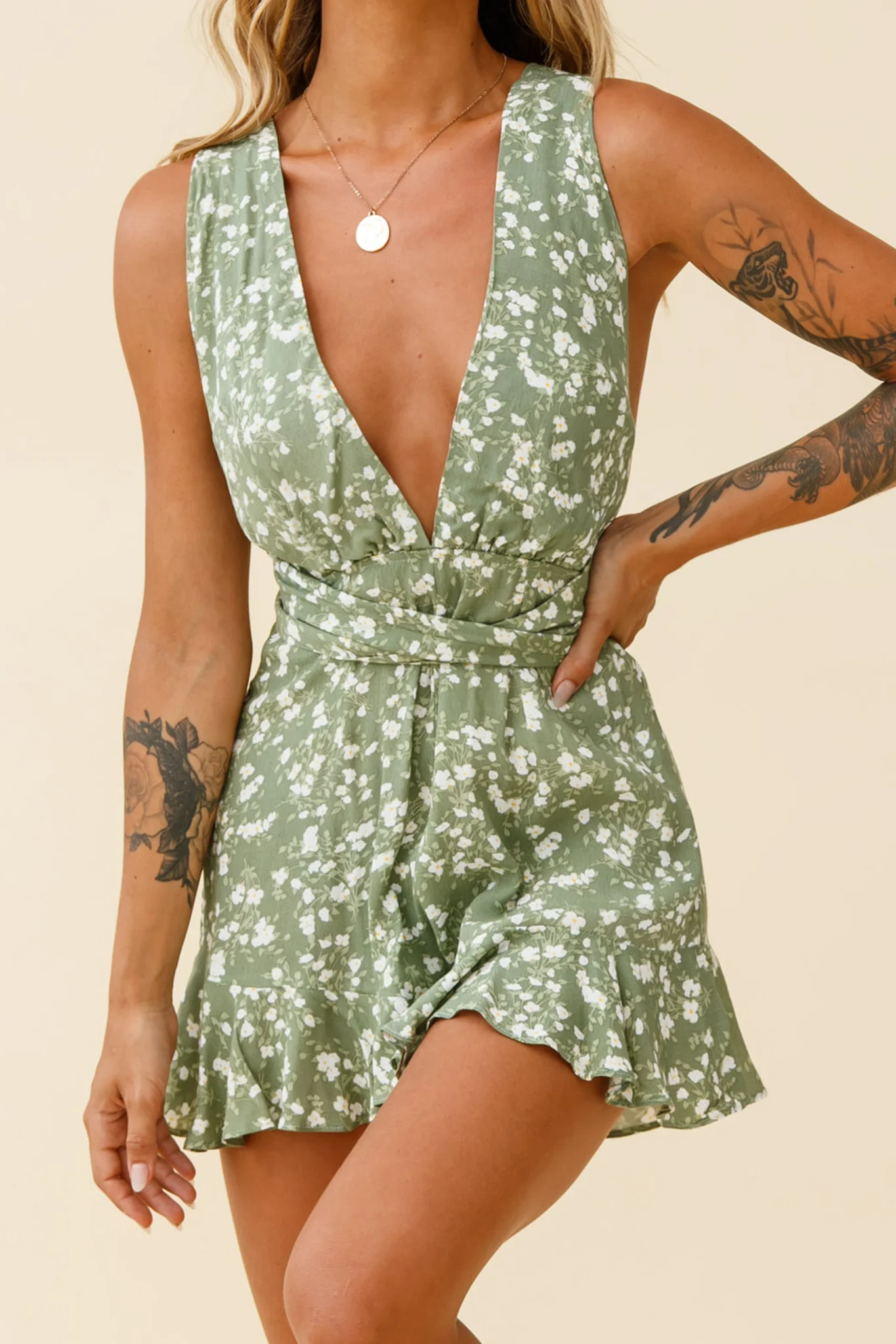 Playa Vista Halterneck Frill Hem Romper Floral Print Olive - Sonourner