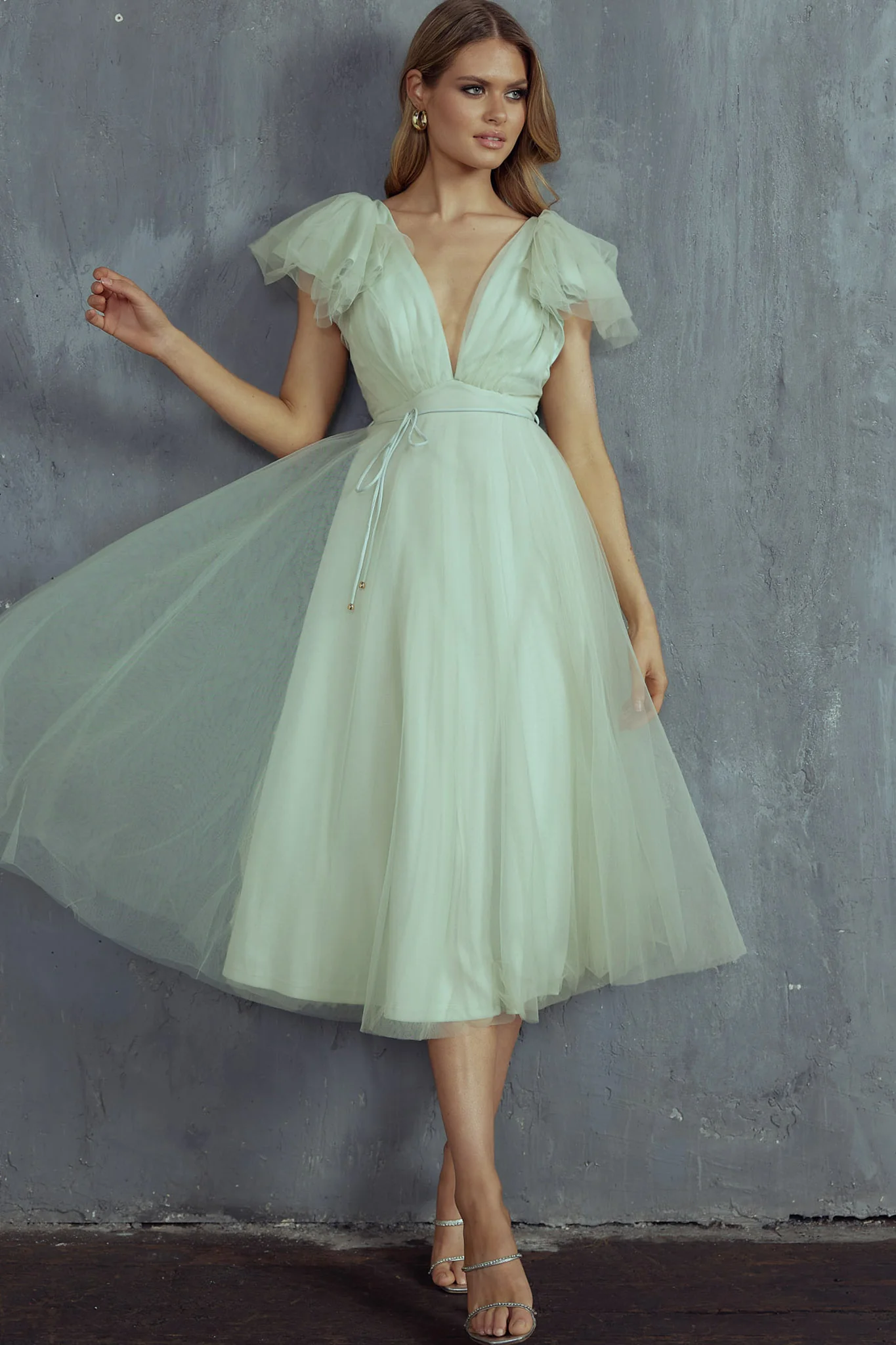 Leap Of Faith Frill Shoulder Tulle Midi Dress Pistachio - Sonourner