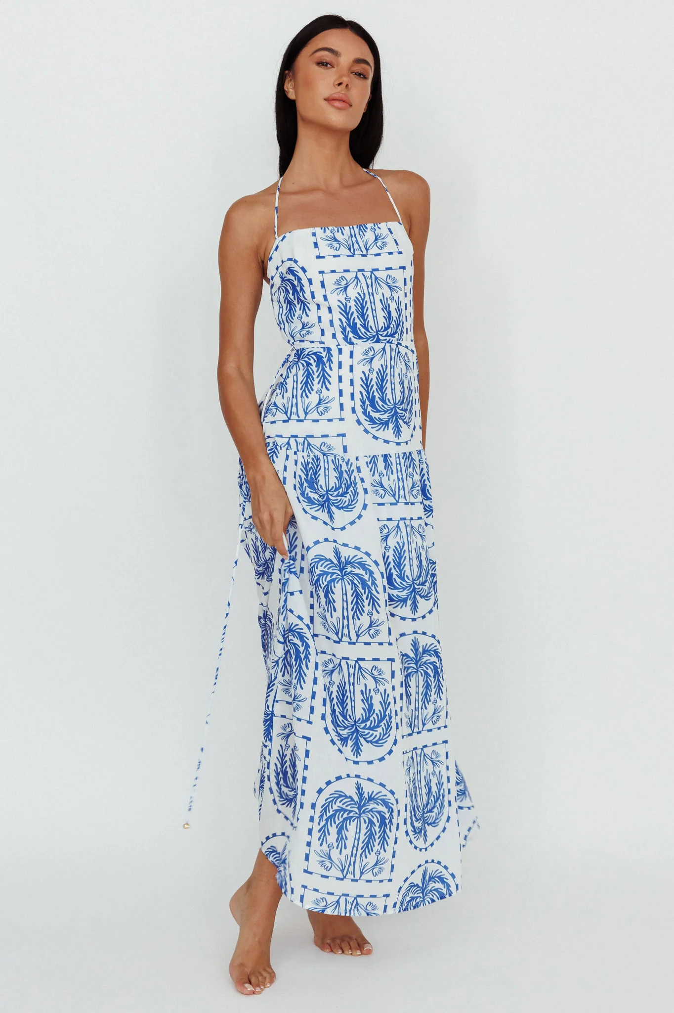 Natasia Halterneck Maxi Dress Palm Print Blue - Sonourner