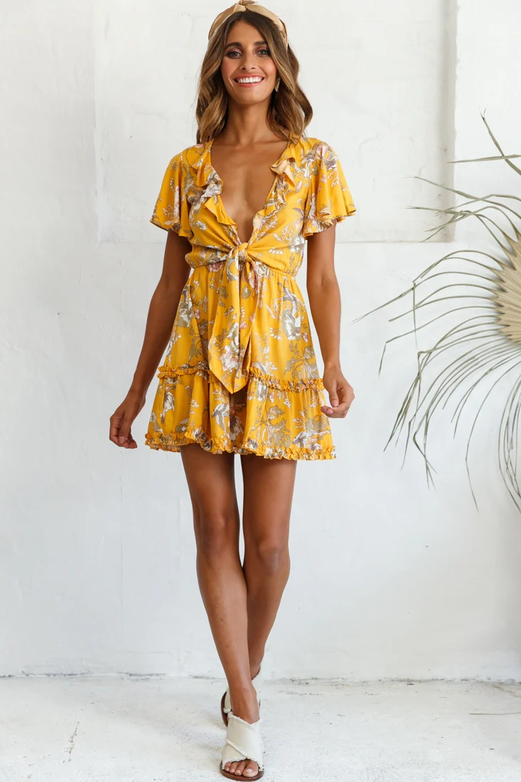 Sunny Daze Angel Sleeve Tie-Knot Bust Floral Print Dress Mustard - Sonourner