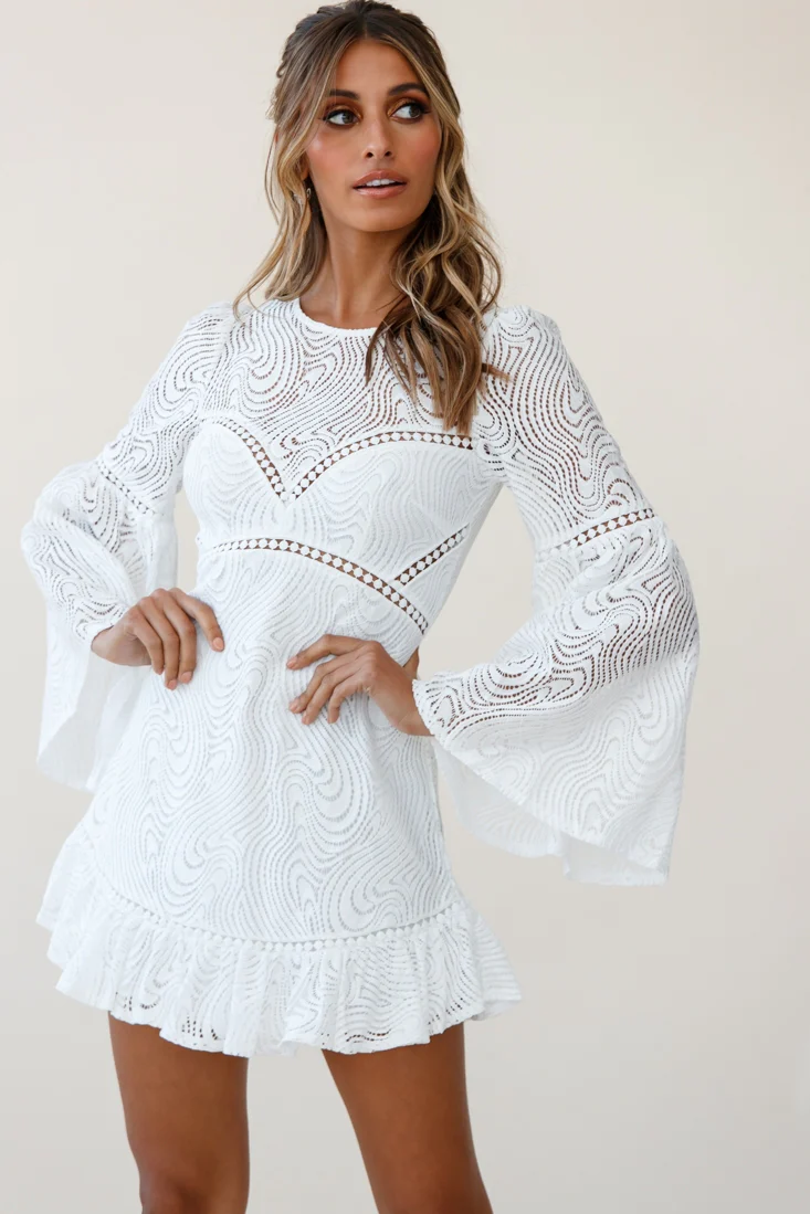 Sky High Long Bell Sleeve Crochet Embroidery Dress White - Sonourner
