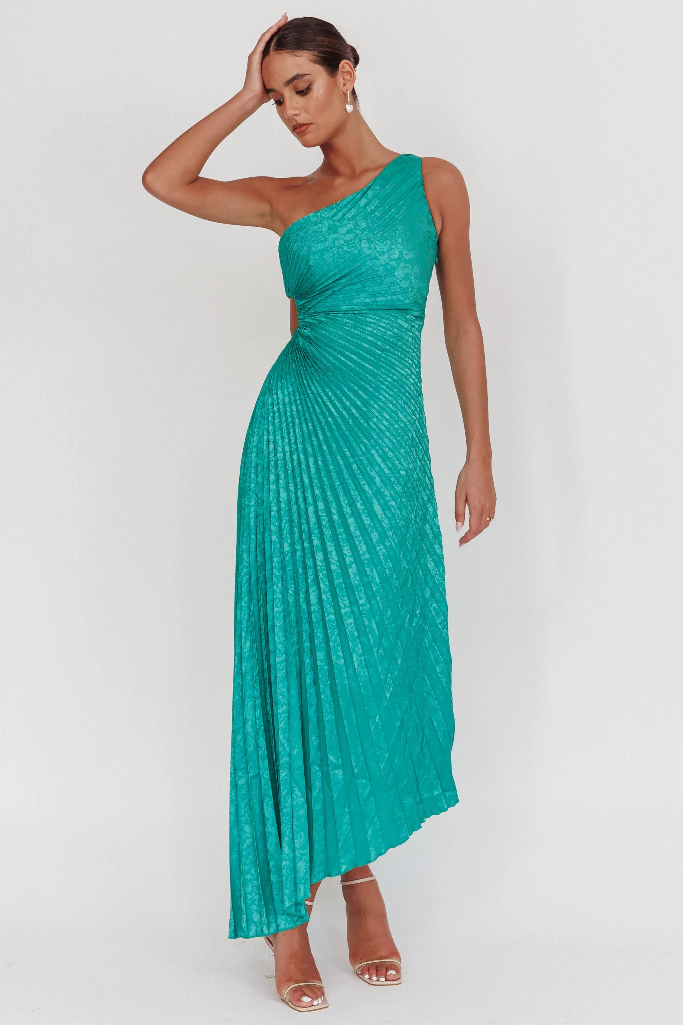 Amelie One-Shoulder Accordion Pleat Maxi Dress Kelly Green - Sonourner