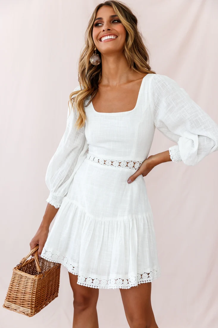 Sweetheart Corset-Back Lantern Sleeve Dress White - Sonourner