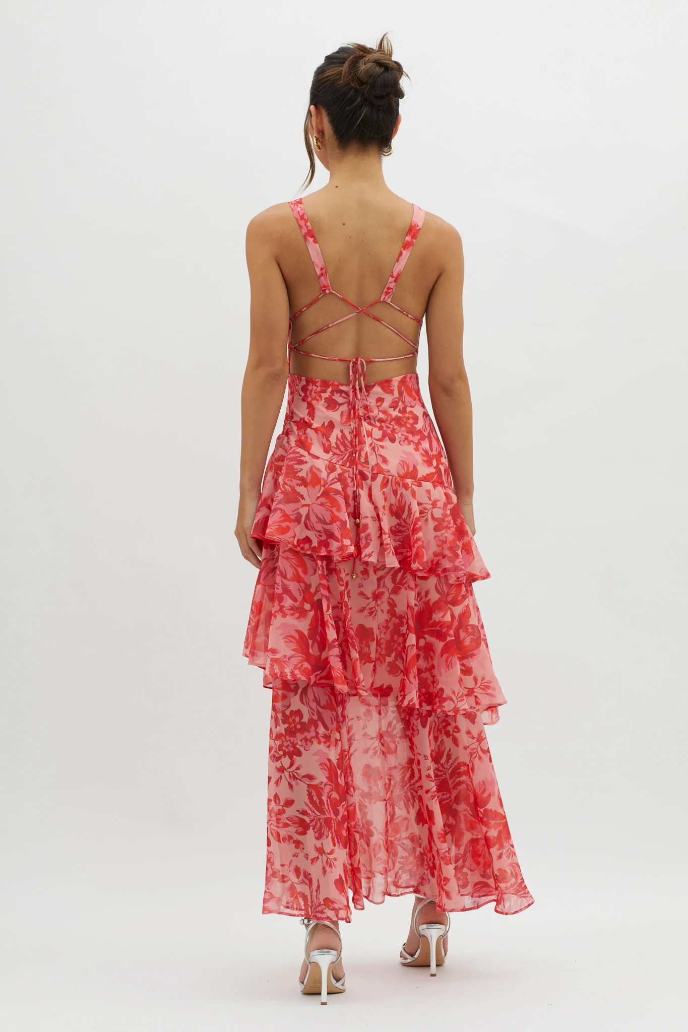 Veda Strappy Back Ruffle Midi Dress Floral Red - Sonourner