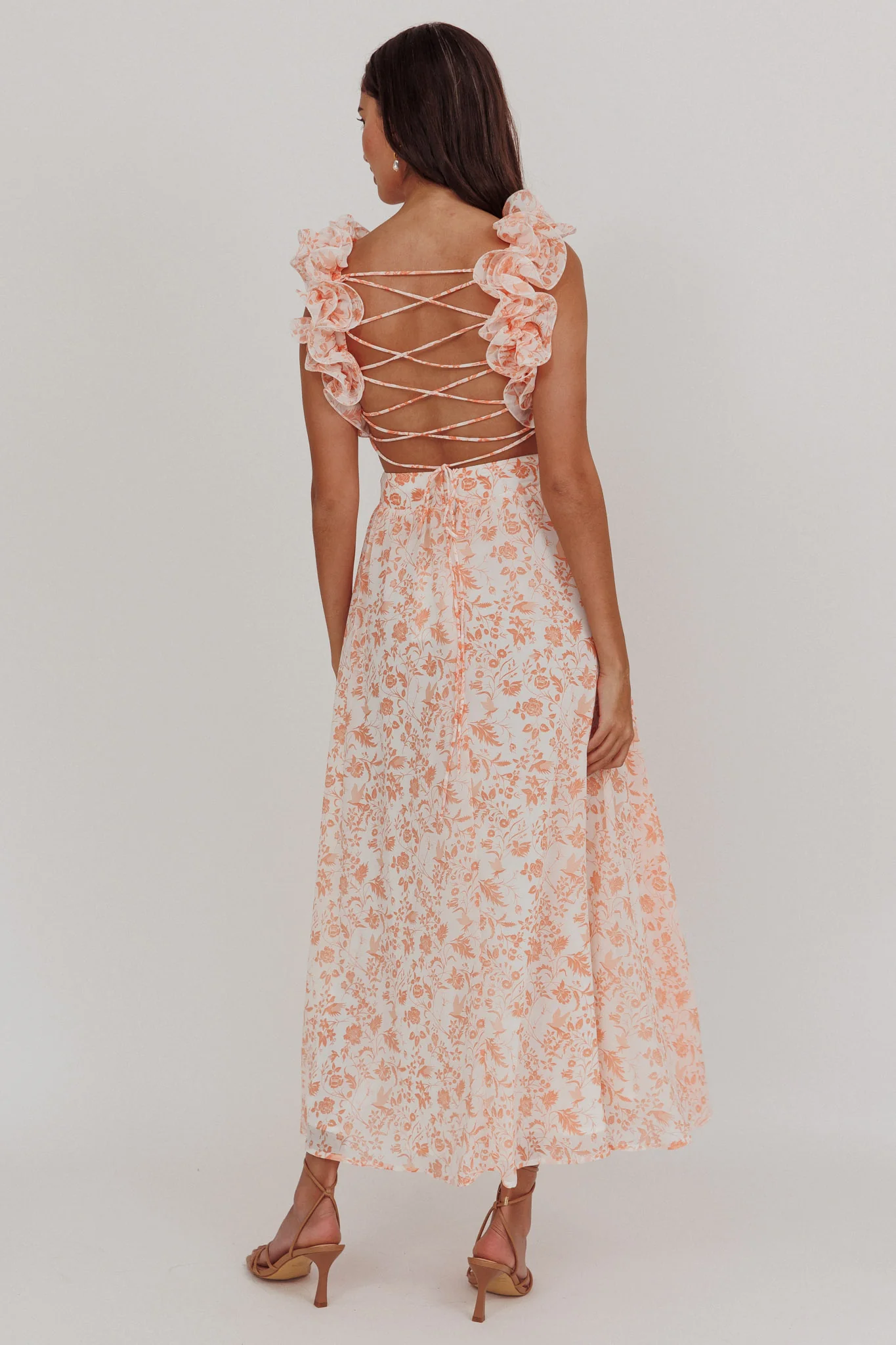 Madara Lace-Up Back Maxi Dress Flowers Orange - Sonourner