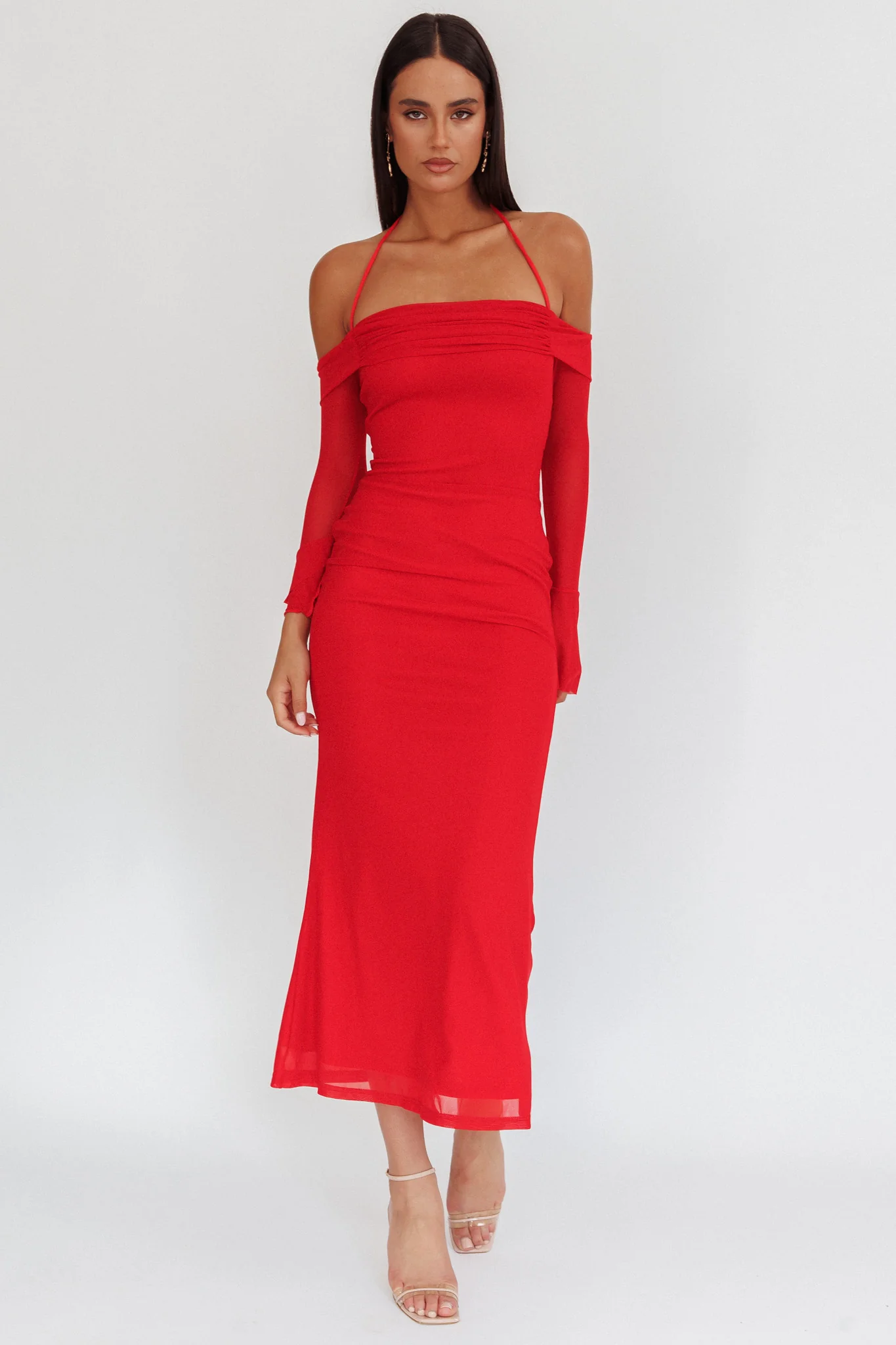 Numbers Game Off-Shoulder Halter Maxi Dress Red - Sonourner