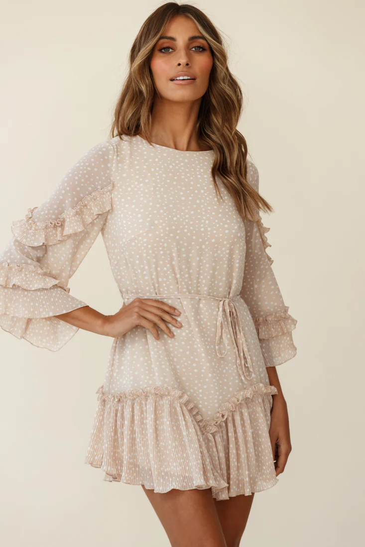 Yours Sincerely Three-Quarter Sleeve Accordion Pleat Dress Spot Print Nude - Sonourner