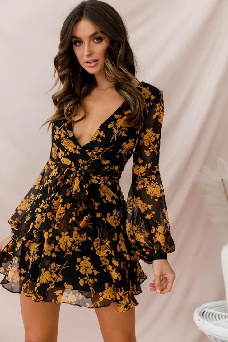 Kerry Layered Balloon Sleeve Dress Black/Orange - Sonourner