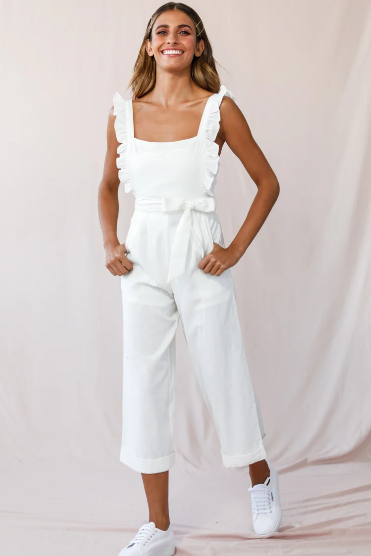 Serenade Ruffle Strap Pinafore Jumpsuit White - Sonourner