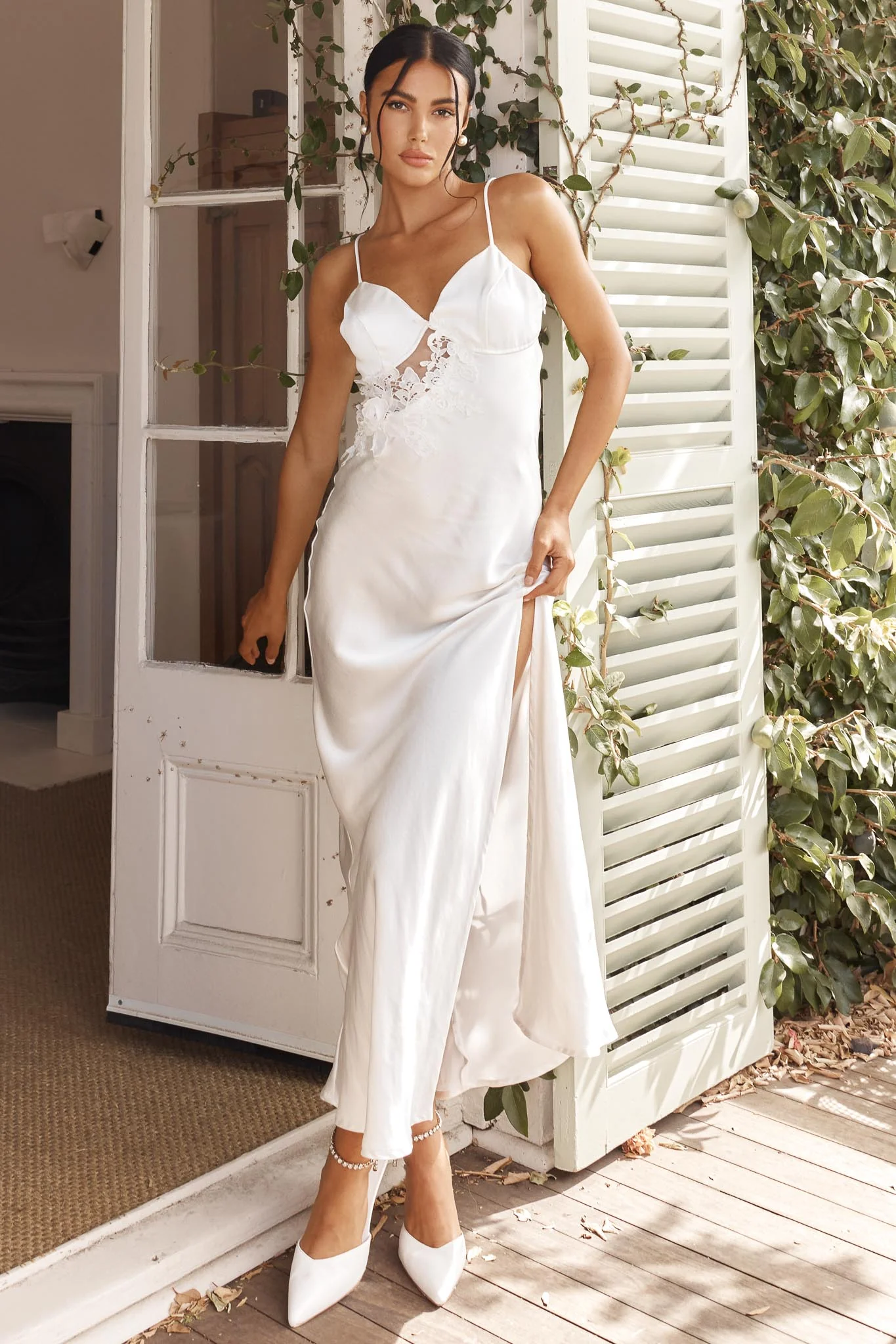 Roxana Applique Trim Split Maxi Dress White - Sonourner