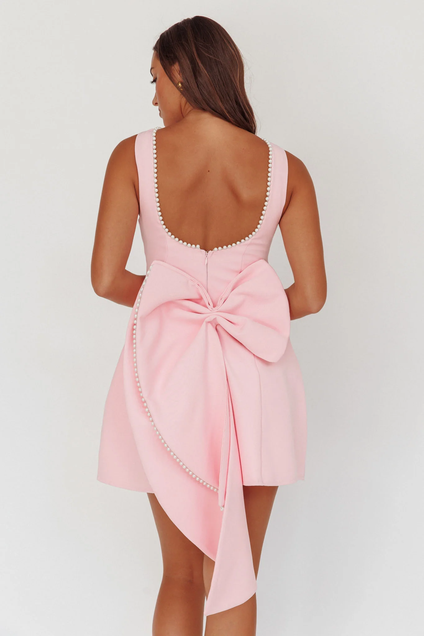 Opulent Pearl Trim Oversized Bow Mini Dress Pink - Sonourner