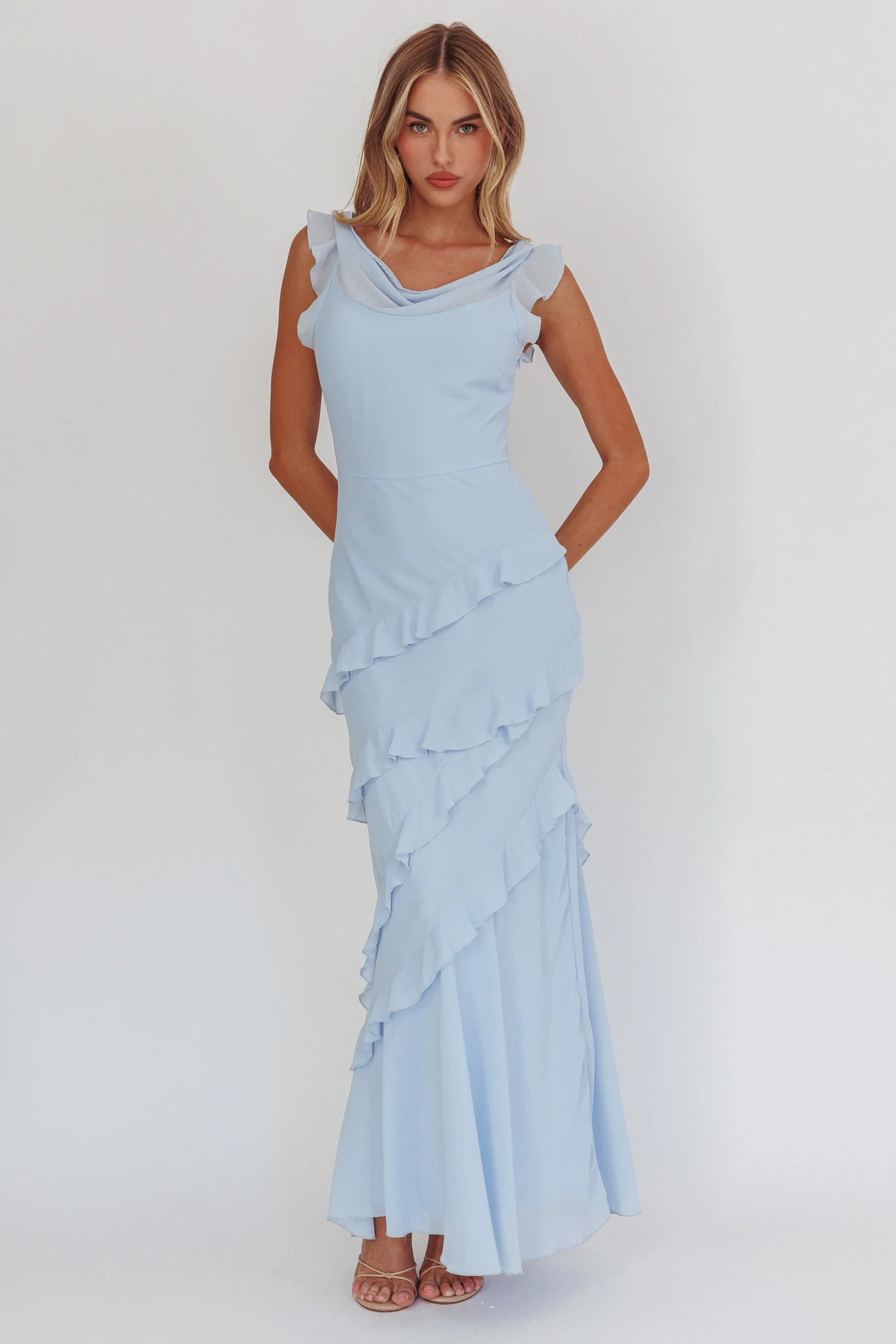 Sangria Cowl Neck Frill Maxi Dress Blue - Sonourner