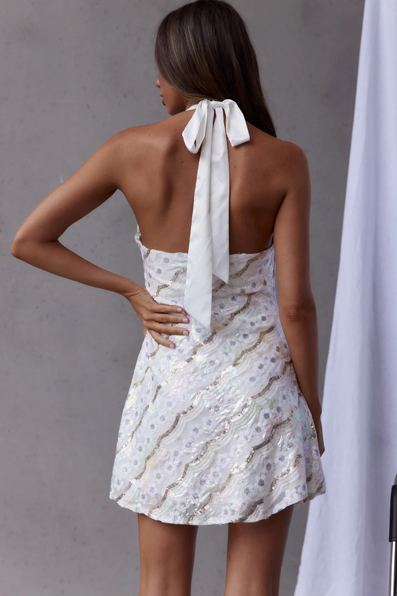 Champagne Showers Halterneck Slip Mini Dress Sequin Flower White - Sonourner