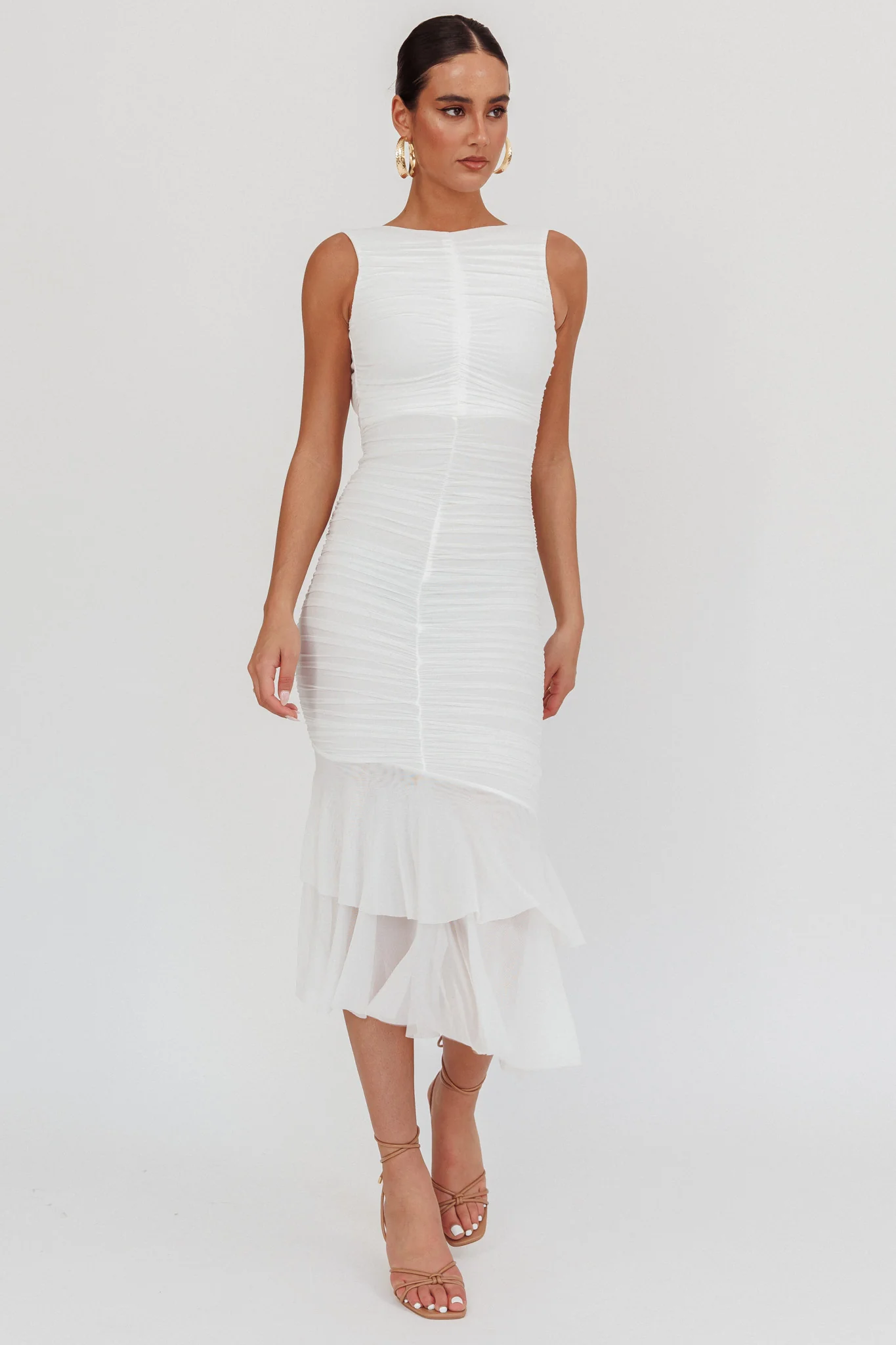 Nadia Sleeveless Ruched Midi Dress White - Sonourner