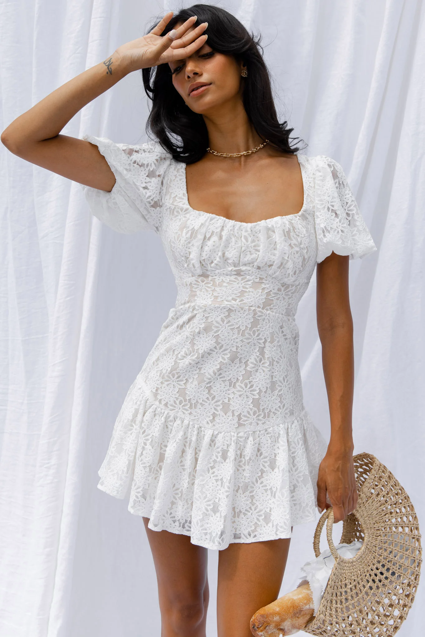 Petite Cherie Puff Sleeve Lace-Up Back Dress Lace White - Sonourner