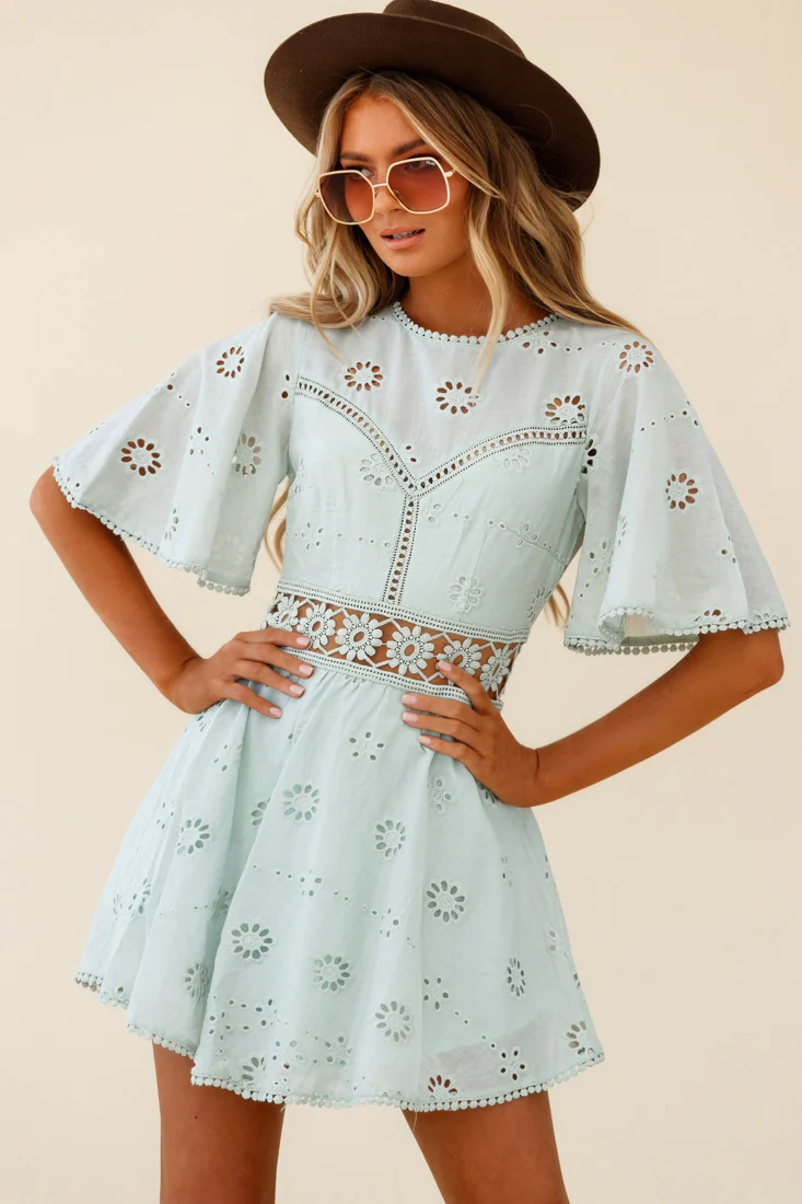 Anais Fluted Sleeve Exposed Back Broderie Anglaise Dress Sage - Sonourner