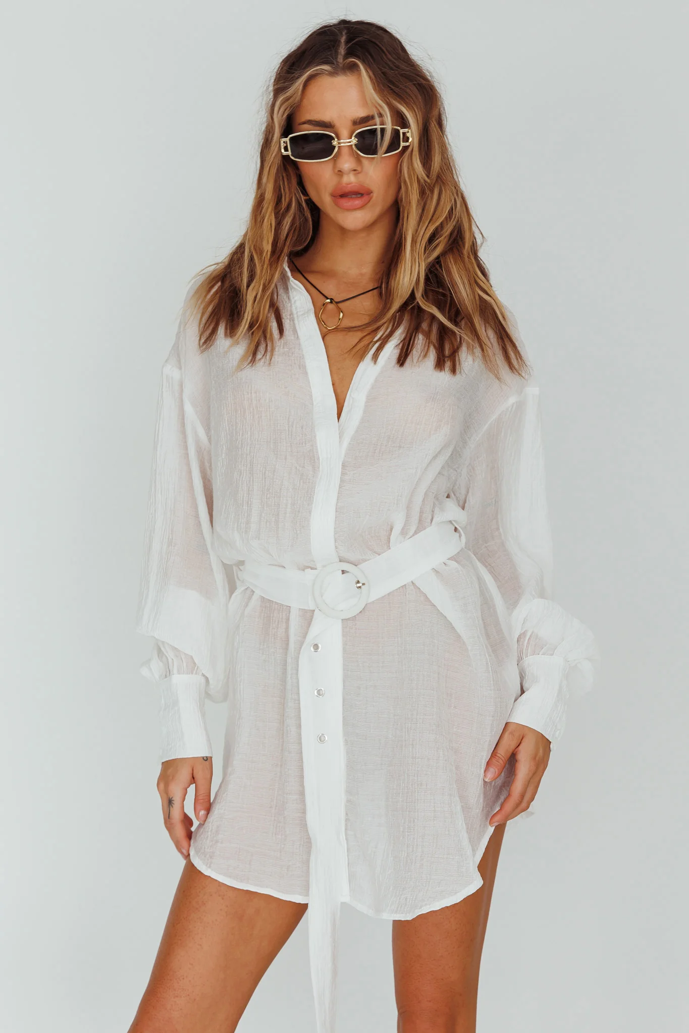 Sady Long Sleeve Shirt Mini Dress White - Sonourner
