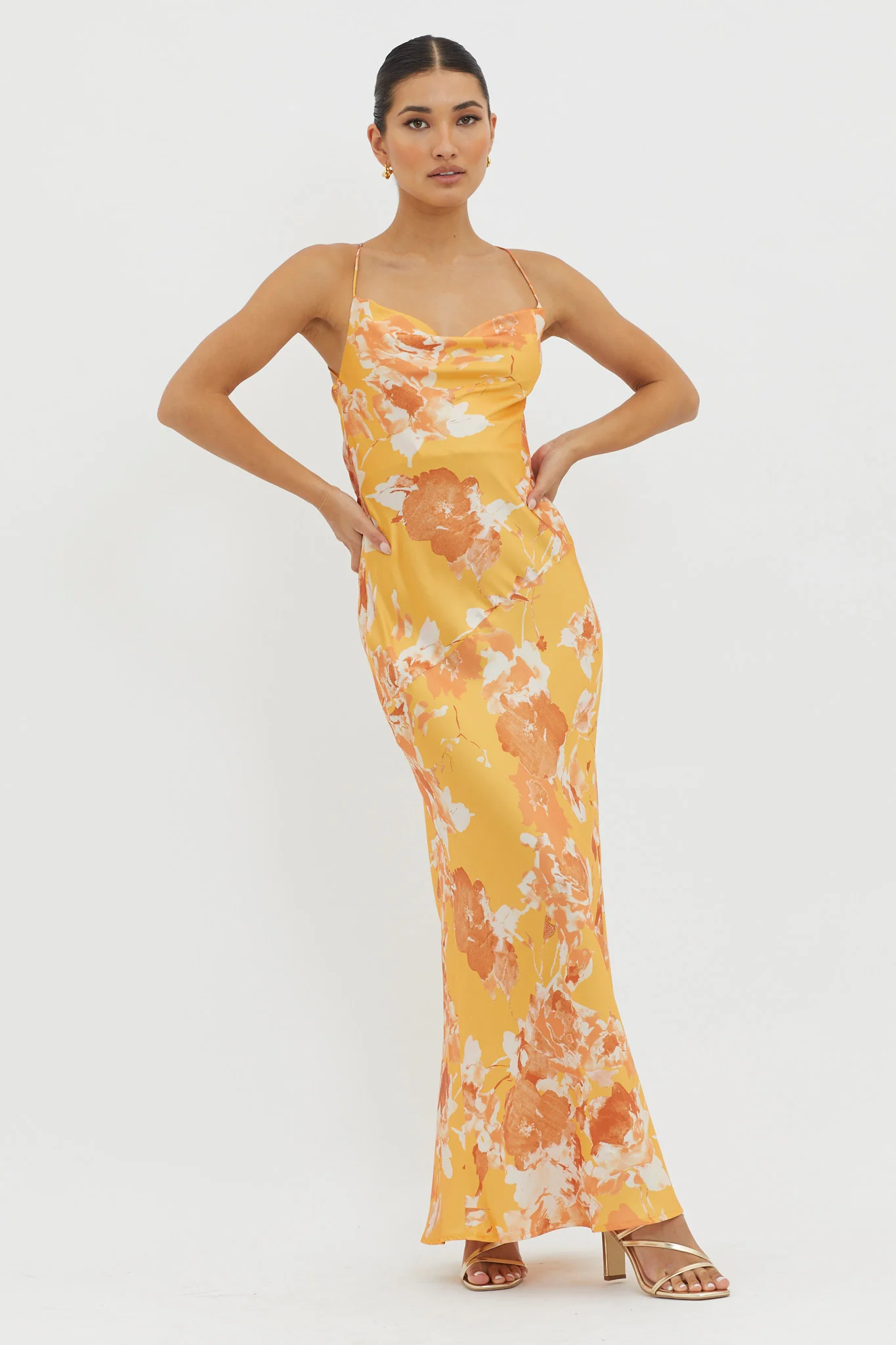 Dream Walk Cowl Back Tied Dress Print Orange - Sonourner