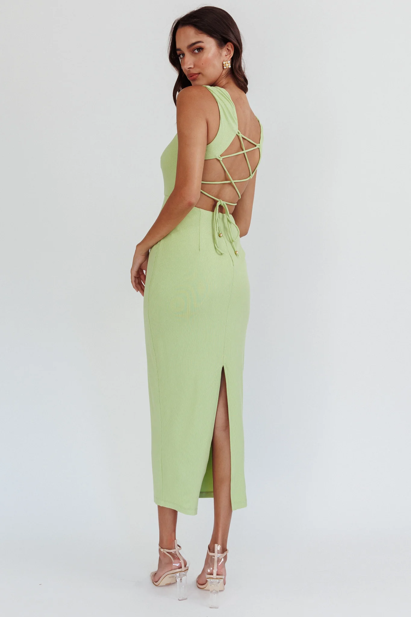 Jennine Lace-Up Back Midi Dress Matcha - Sonourner