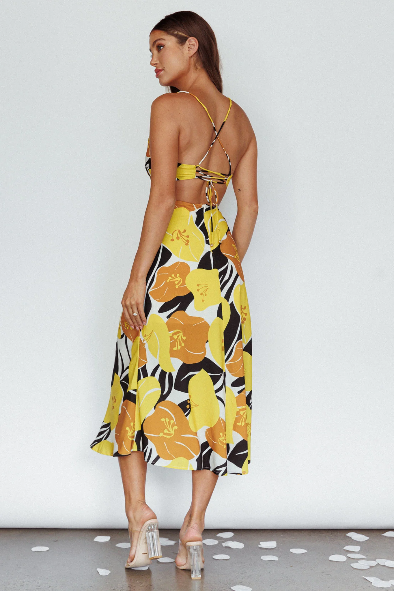 Sunday Bliss Tie-Up Back Cowl Neck Midi Dress Flower Yellow - Sonourner