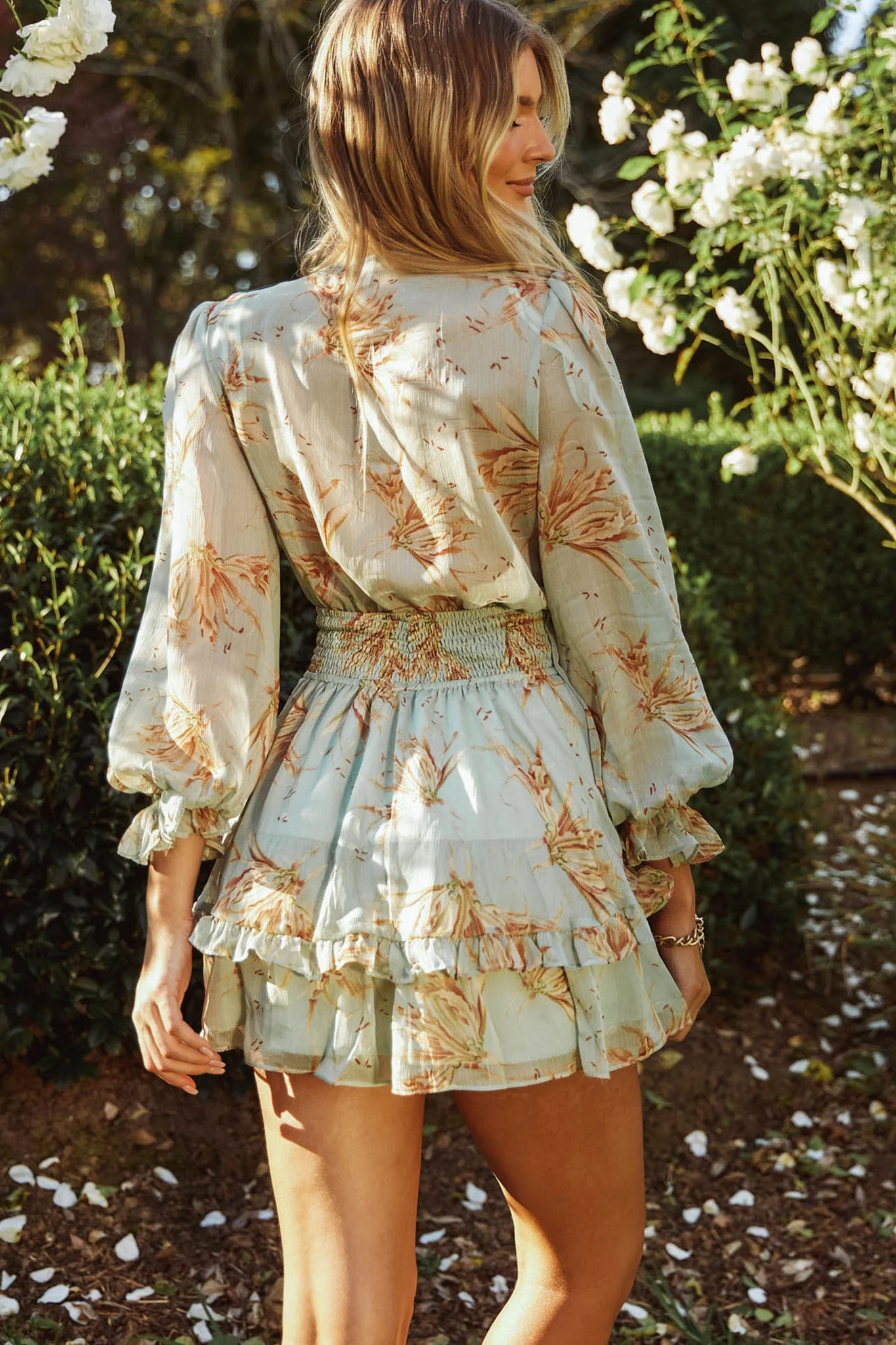 Anthea Long Sleeve Bow-Tie Front Frill Dress Lily Print Pistachio - Sonourner