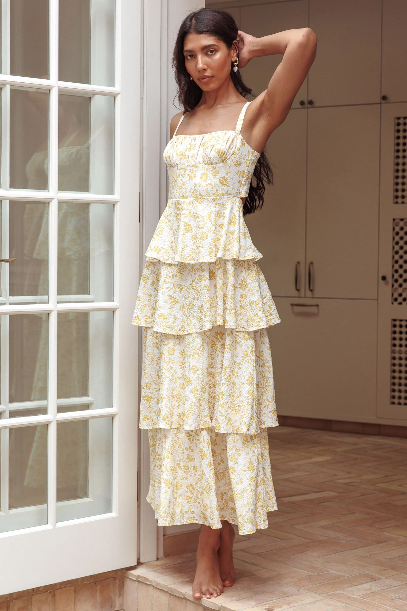 Provence Bloom Tiered Midi Dress Floral Yellow - Sonourner