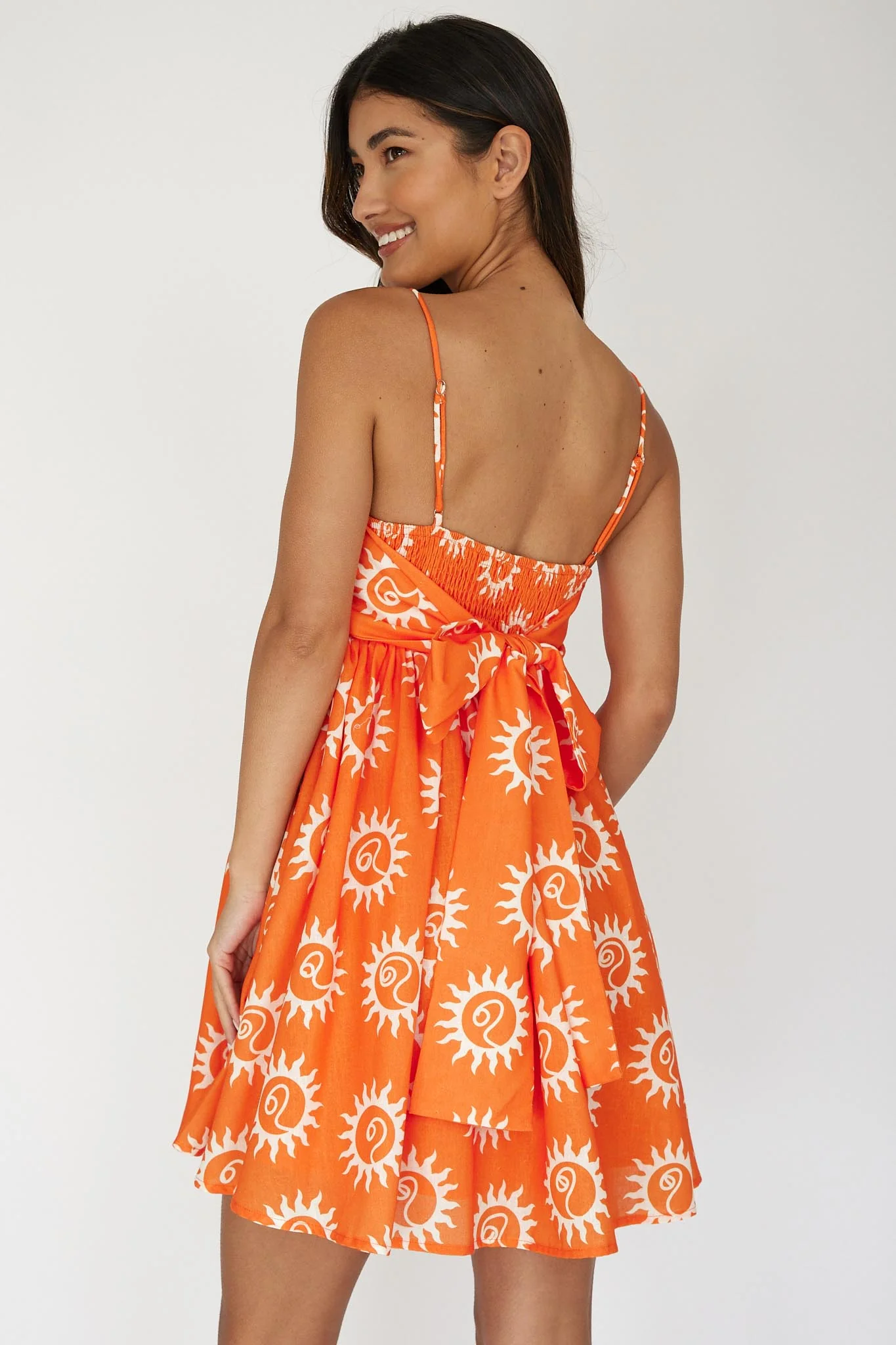 Sweet Solace Back Tie Mini Dress Sun Orange - Sonourner