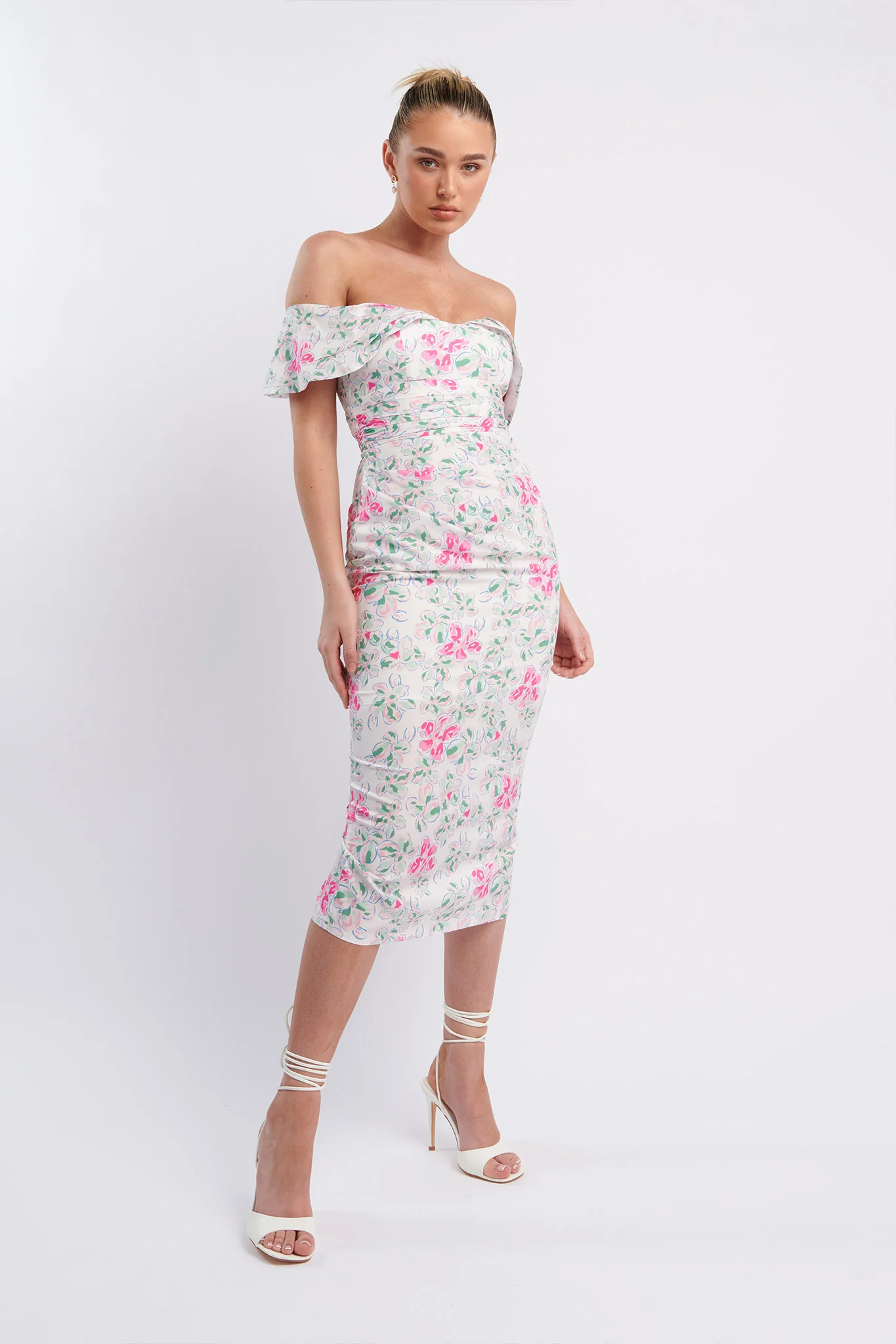 Lillianne Off-Shoulder Midi Dress Floral Pink - Sonourner