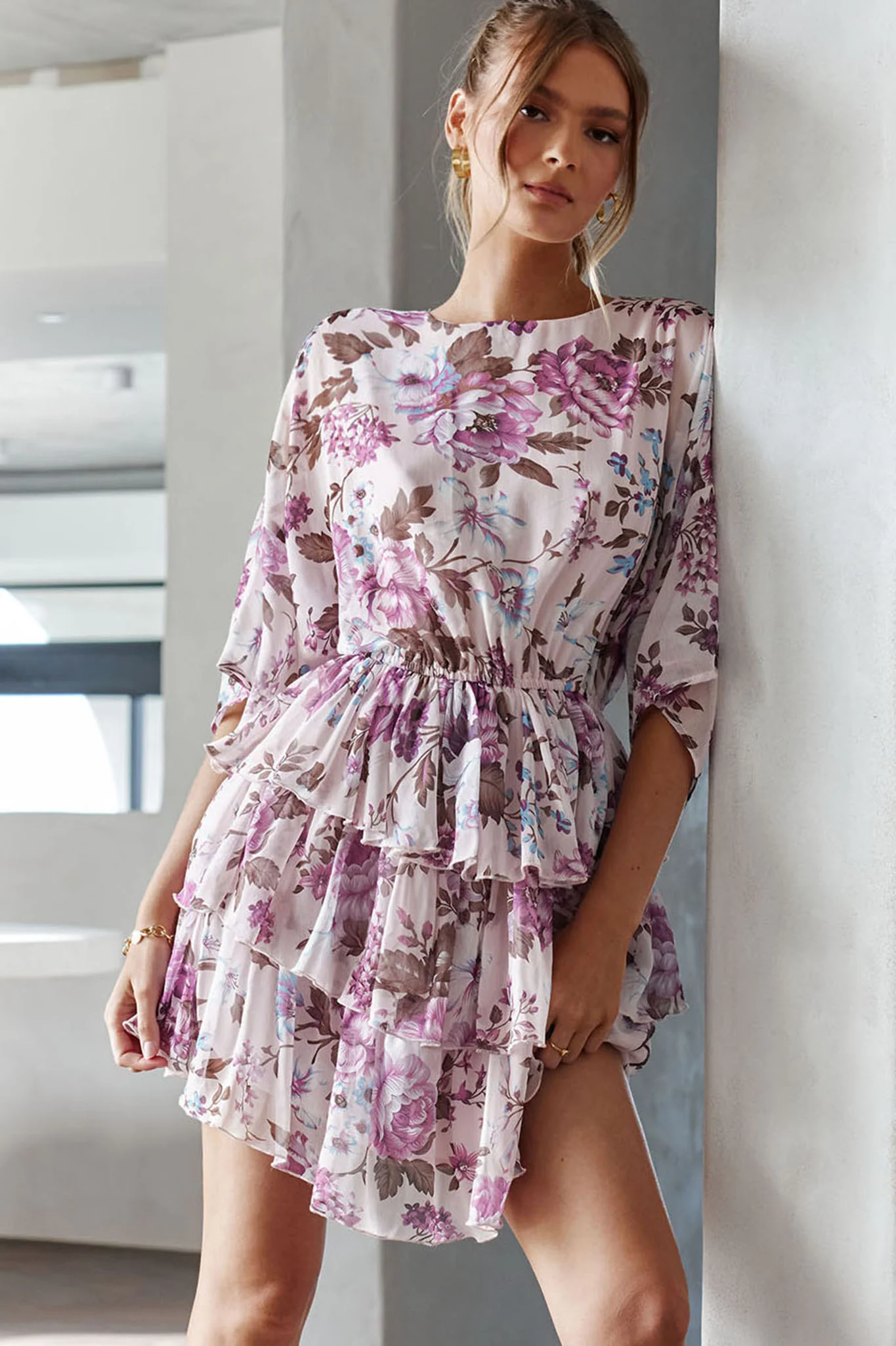 Odessa Long Sleeve Layered Ruffle Dress Rose Print Beige - Sonourner