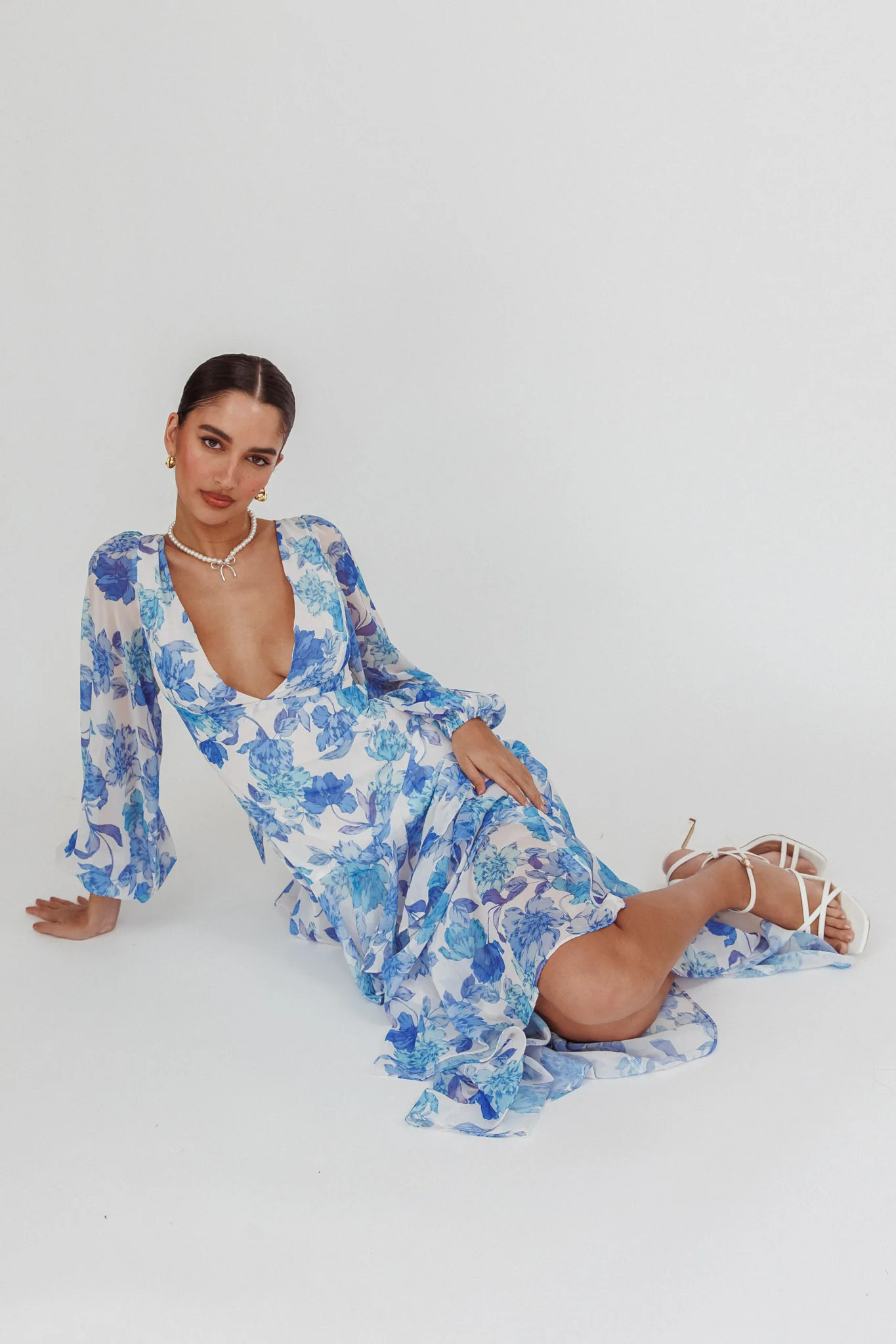 Veda Long Sleeve Floral Tiered Ruffle Maxi Dress Blue - Sonourner