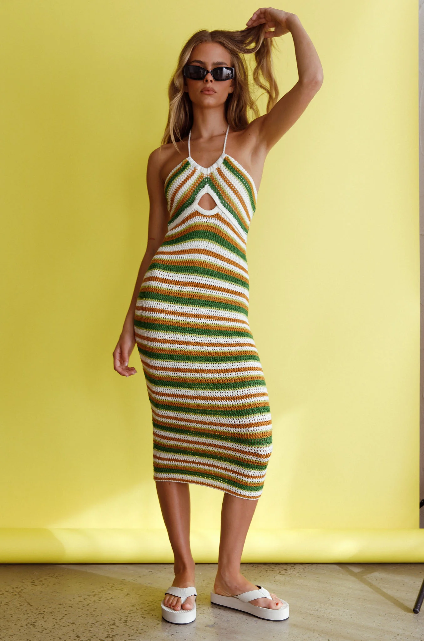 Malibu Nights Halterneck Knit Midi Dress Striped Olive - Sonourner