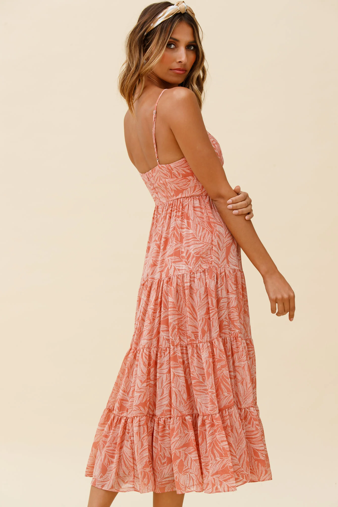 Eternal Sunshine Gathered Bust Maxi Dress Leaf Print Pink - Sonourner