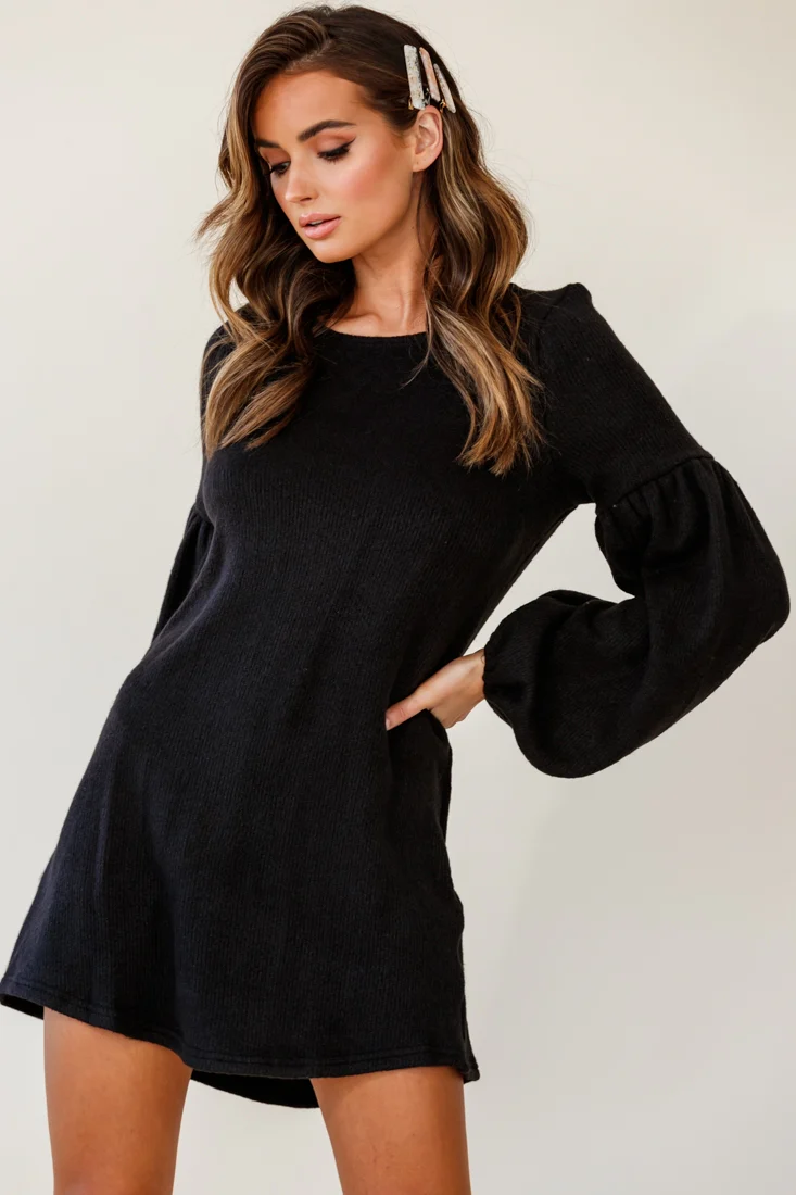Morais Puff Sleeved Sweater Dress Black - Sonourner