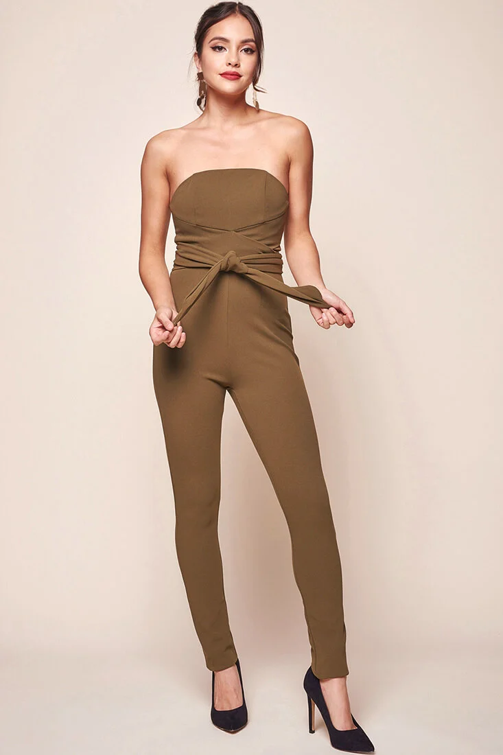 Payton Strapless Waist Tie Bodycon Jumpsuit Khaki - Sonourner