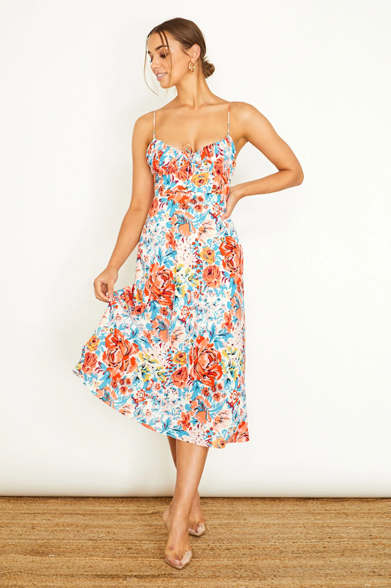Malibu Gathered Bust Cami Strap Midi Dress Floral Orange - Sonourner