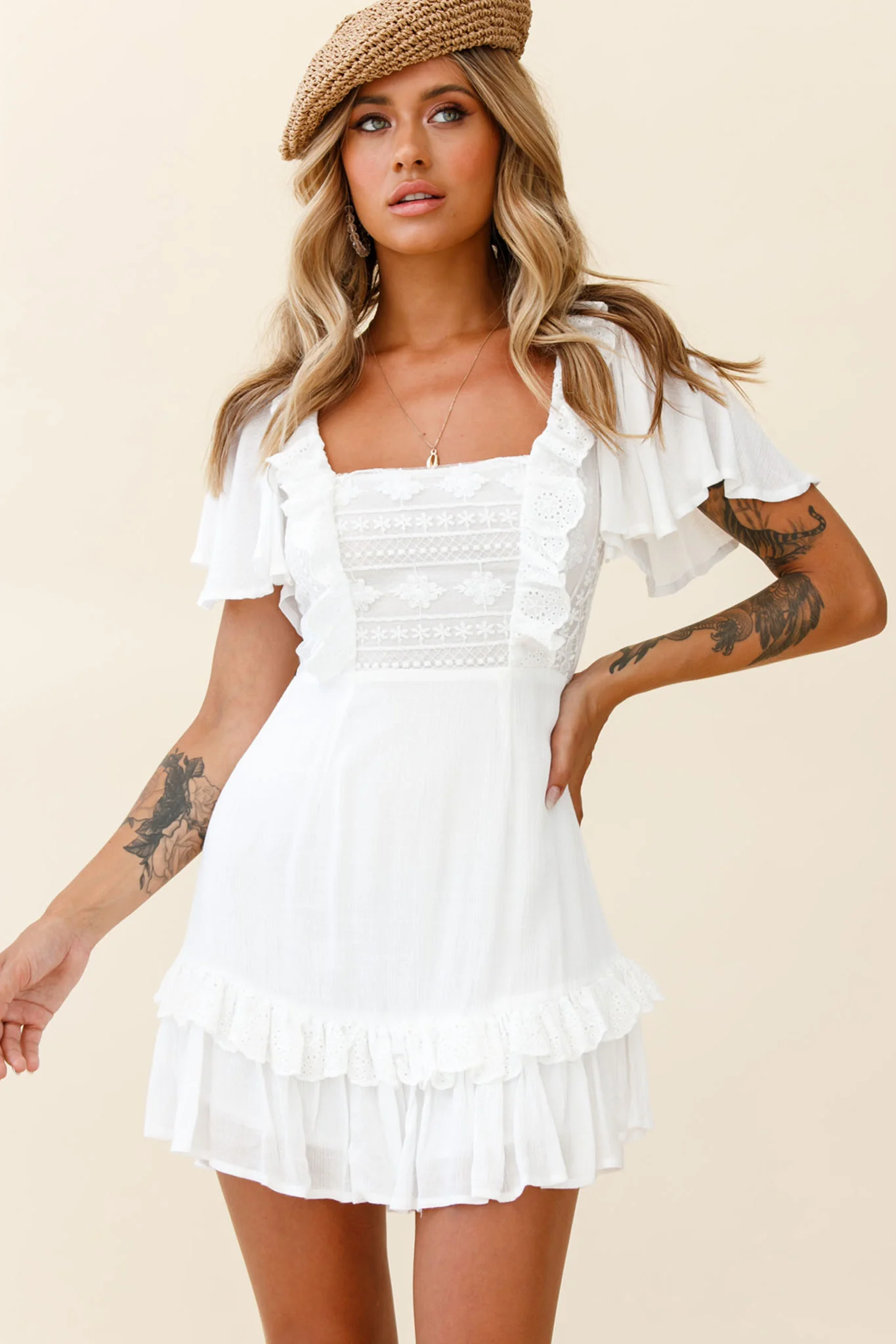 Say You Love Me Embroidery and Frill Detail Dress White - Sonourner