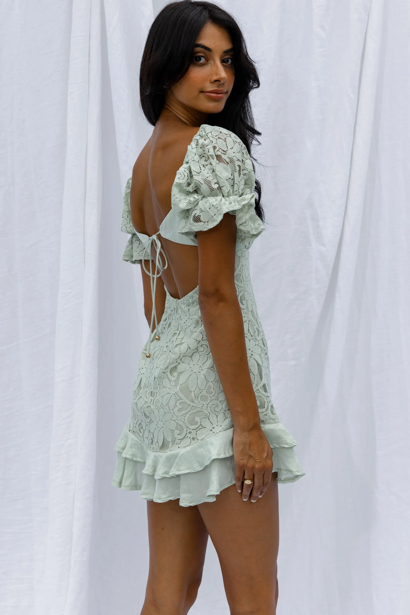 Georgia Peach Puff Sleeve Double Frill Hem Lace Dress Mint - Sonourner