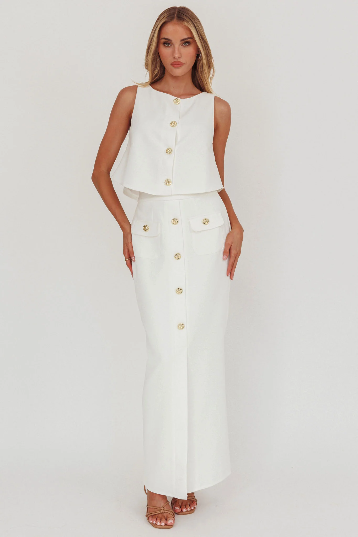 Bondi Sunset Faux Button Placket Maxi Skirt White - Sonourner