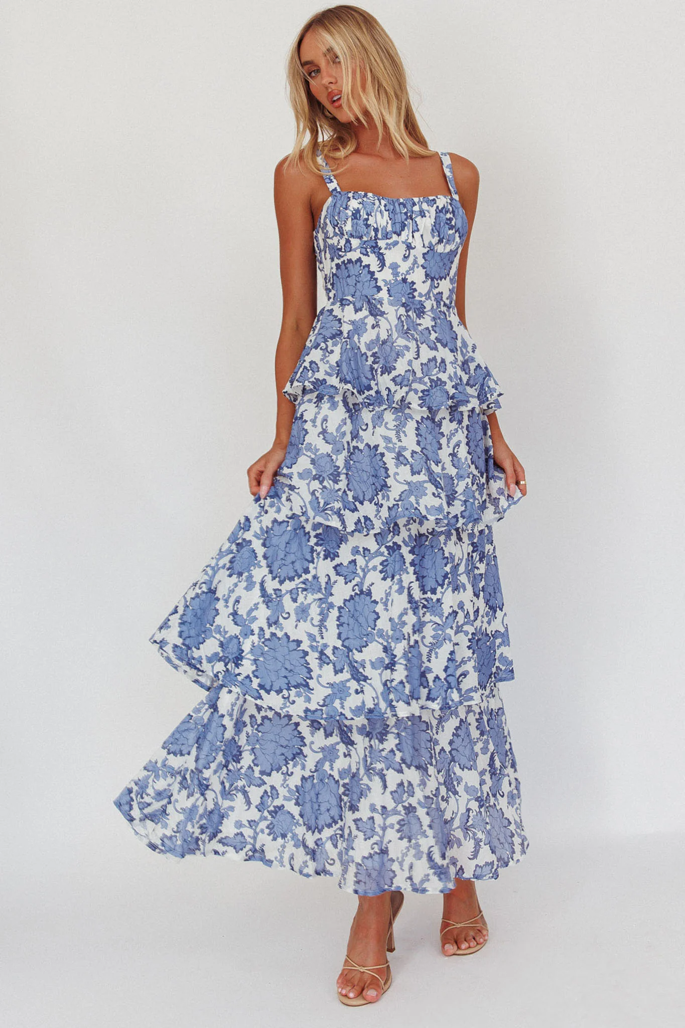 Provence Bloom Tiered Maxi Dress Floral Blue - Sonourner