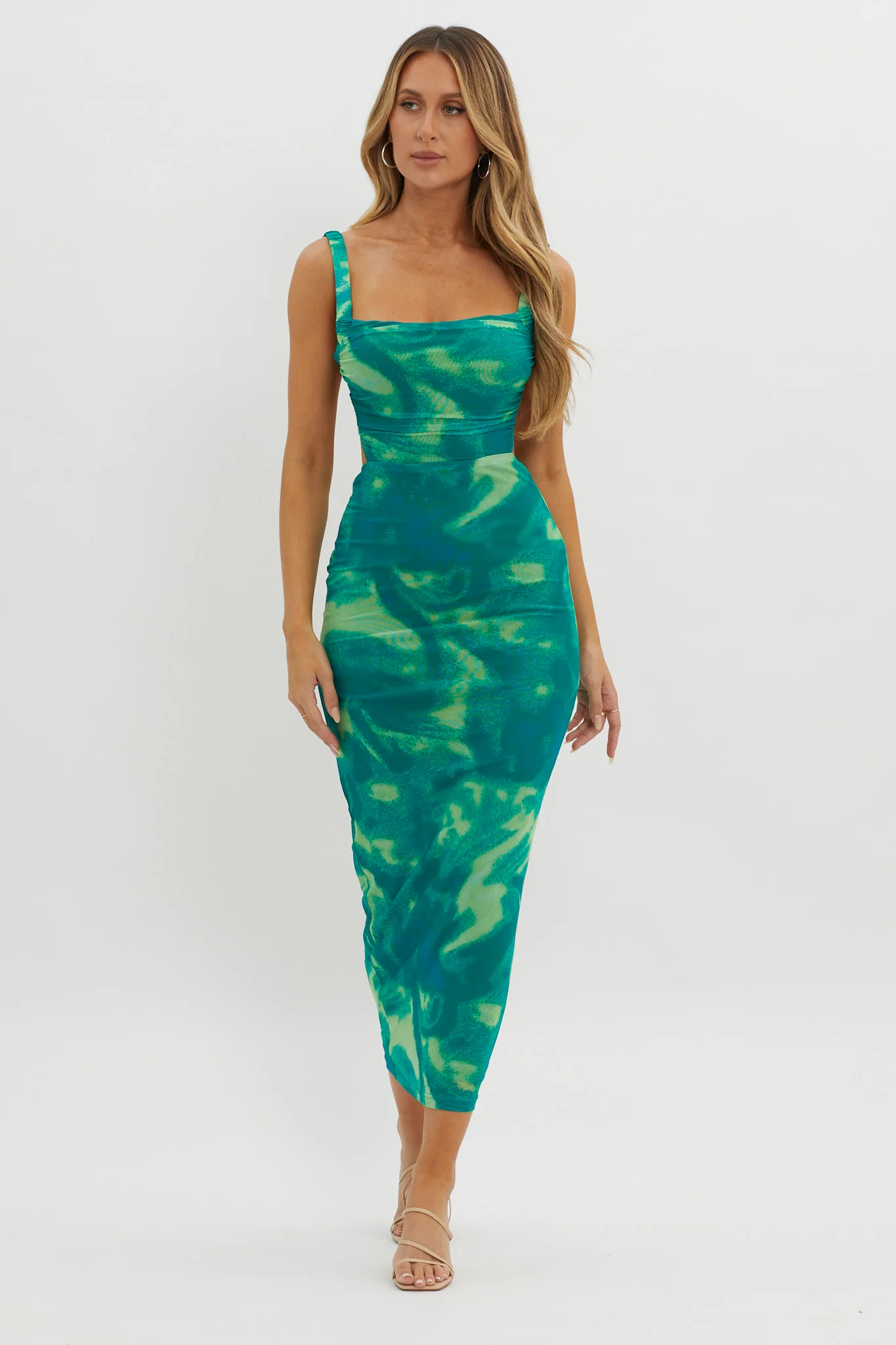 Dream Crush Lace-Up Back Side Split Maxi Dress Swirl Green - Sonourner
