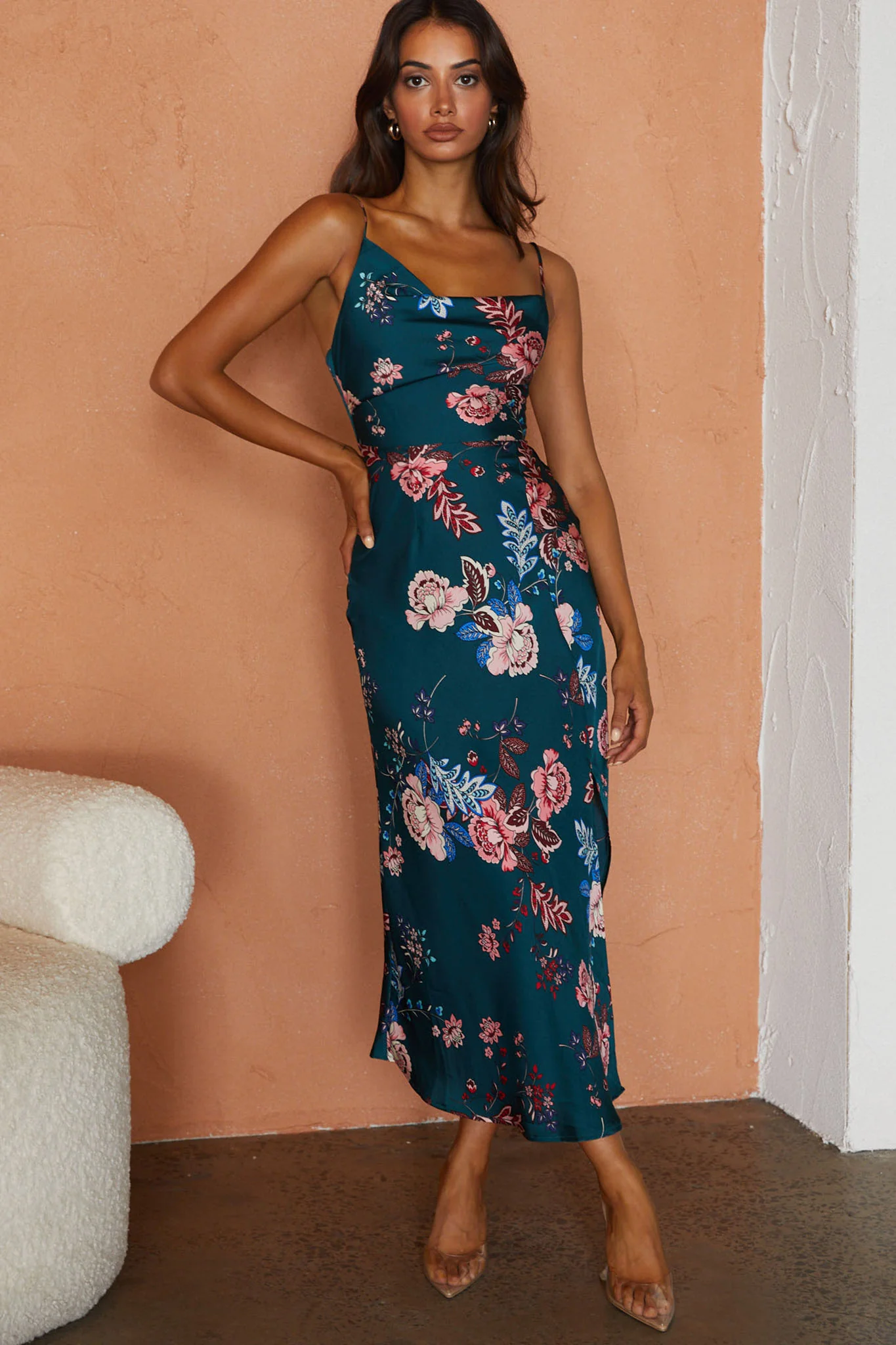 Suki Front Split Midi Dress Oriental Floral Print Forest Green - Sonourner