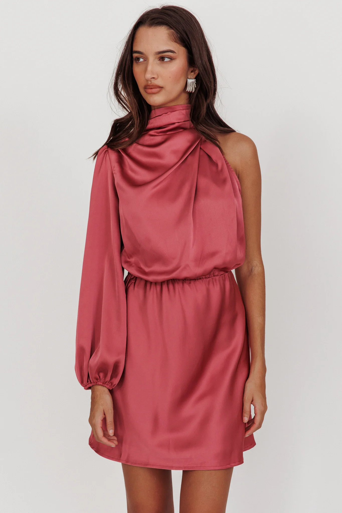 Can't Compete One Sleeve Satin Mini Dress Dusty Pink - Sonourner