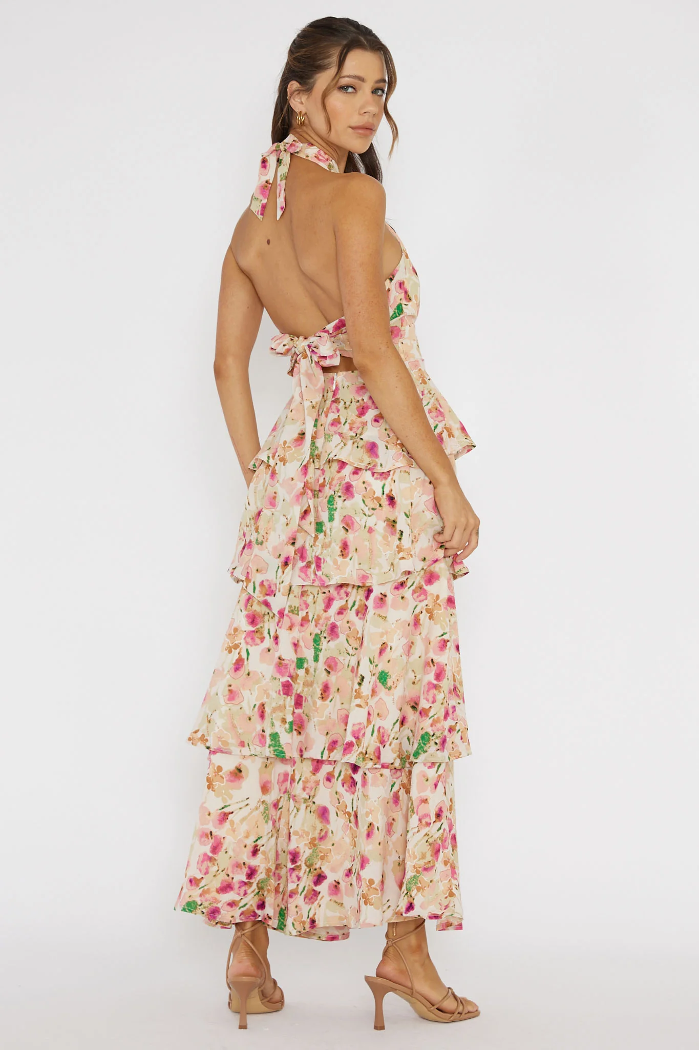 Provence Bloom Tiered Halterneck Dress Pink - Sonourner