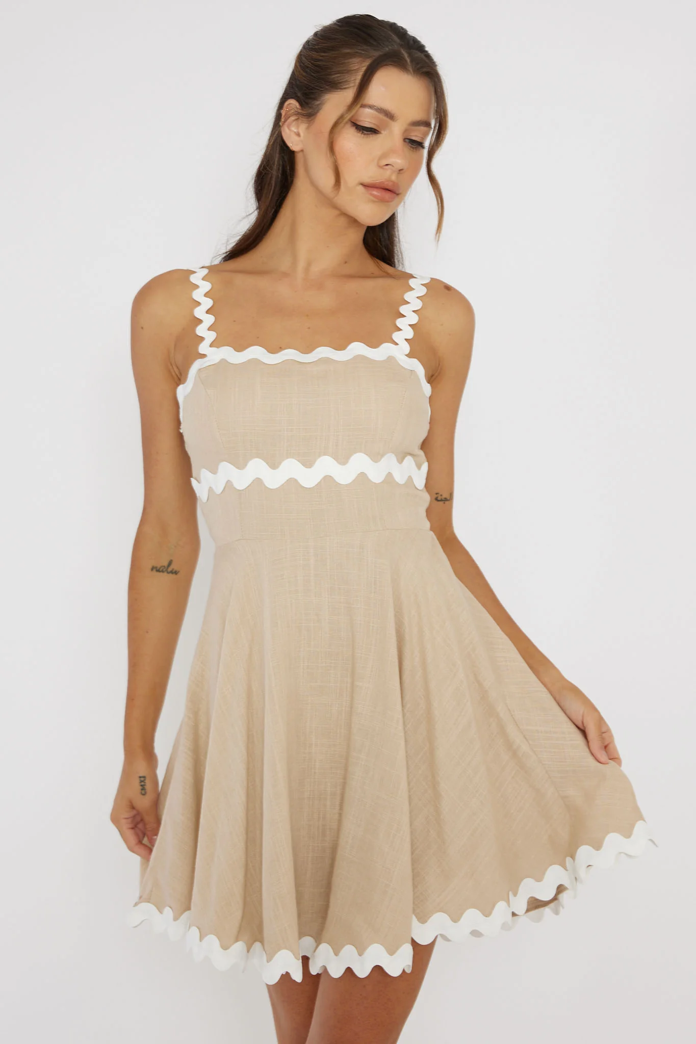 Won Me Over Ric Rac Trim Mini Dress Beige - Sonourner
