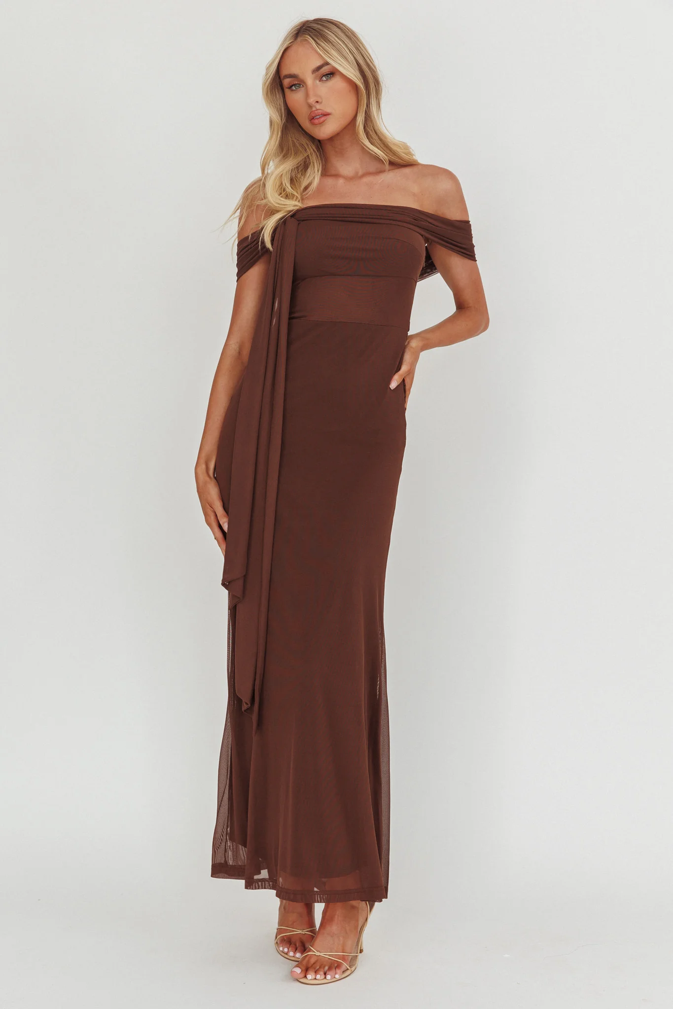 Silver Moon Tied Off-Shoulder Maxi Dress Chocolate - Sonourner