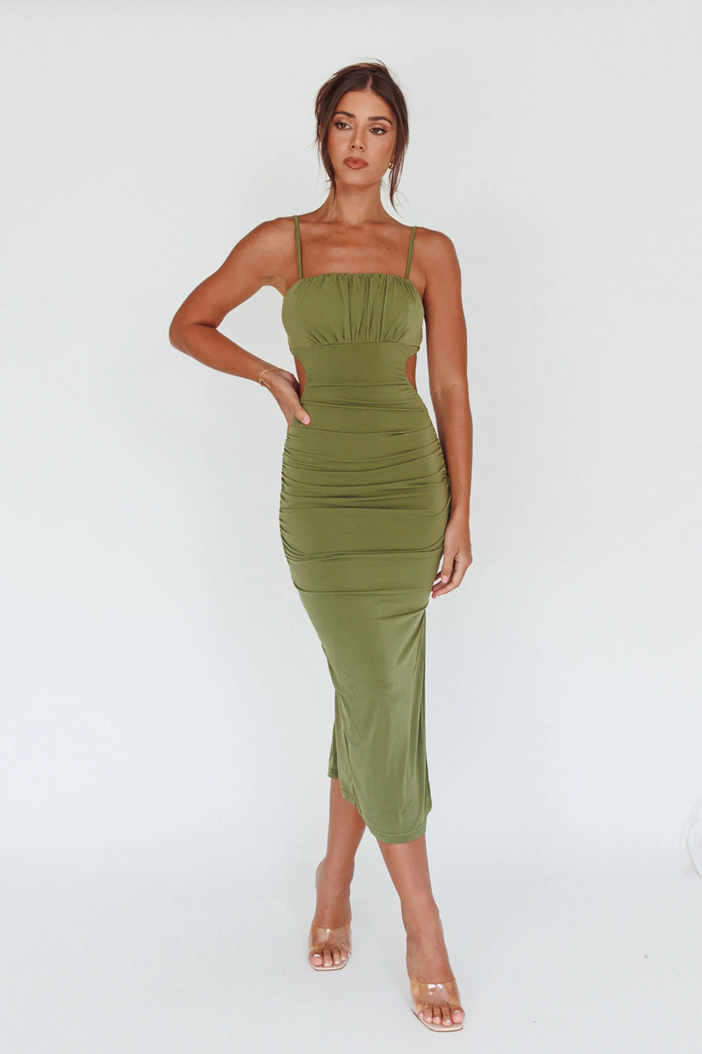 Mary Jane Gathered Bust Tie Back Midi Dress Olive - Sonourner