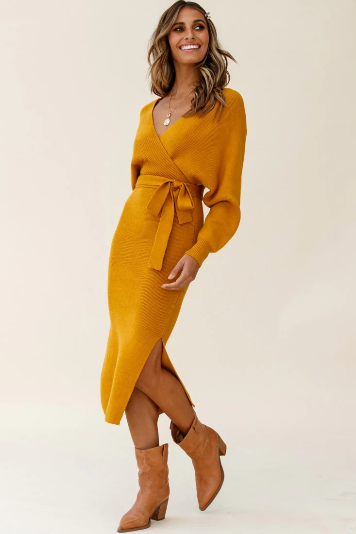Cameo Batwing Knit Midi Dress Mustard - Sonourner