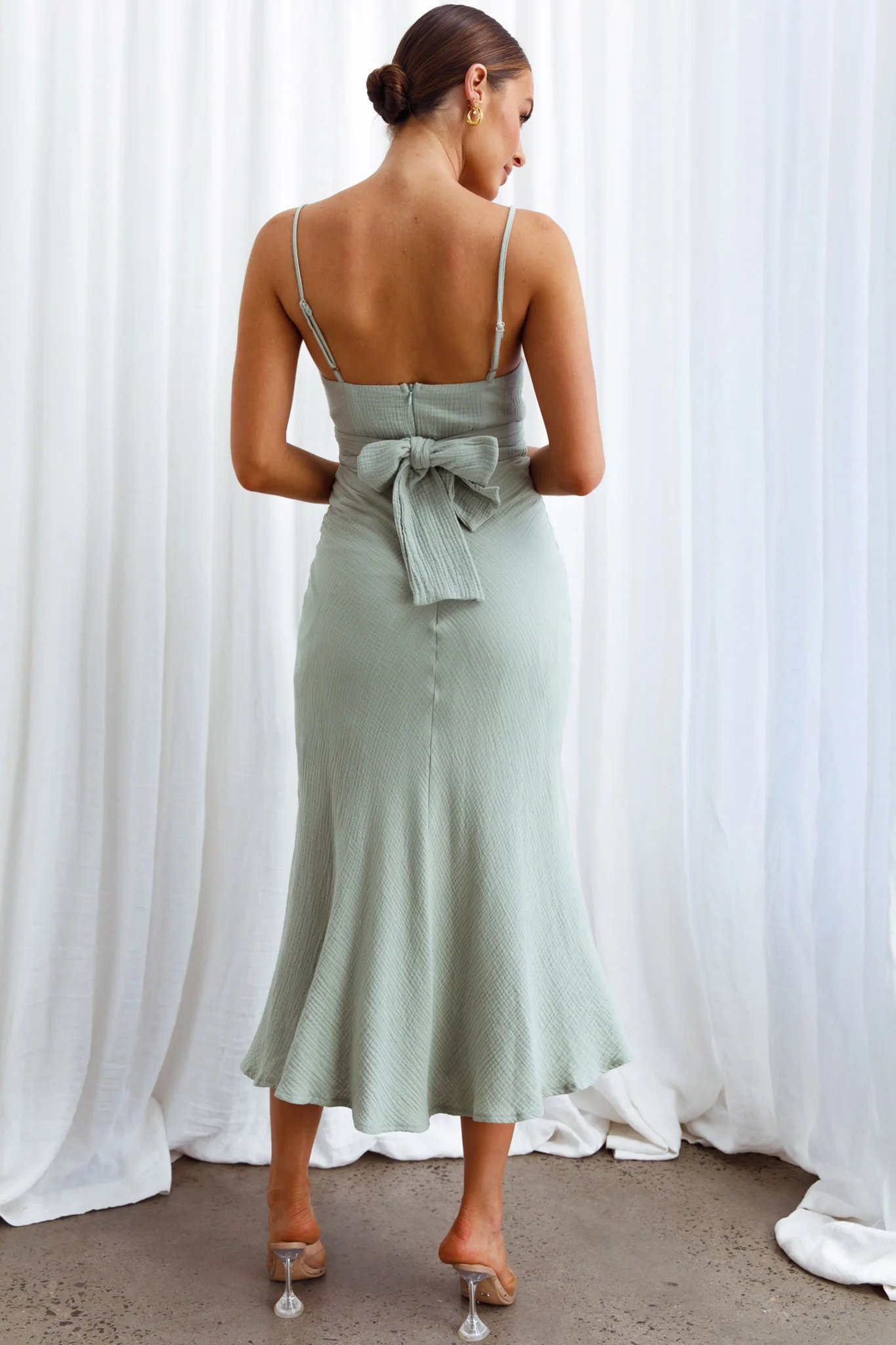 Twin Flame Drawstring Bust Midi Dress Sage - Sonourner