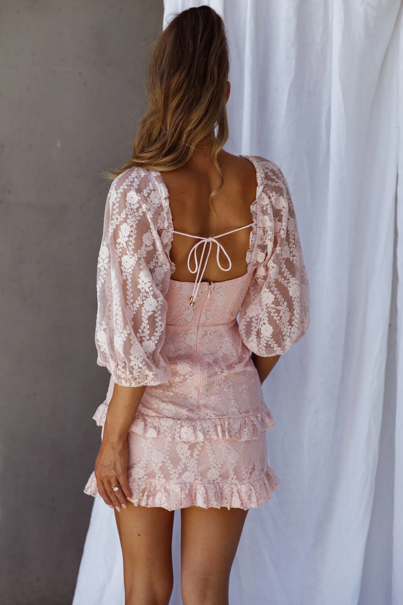 Hemingway Criss-Cross Bust Balloon Sleeve Frill Trim Lace Dress Blush - Sonourner